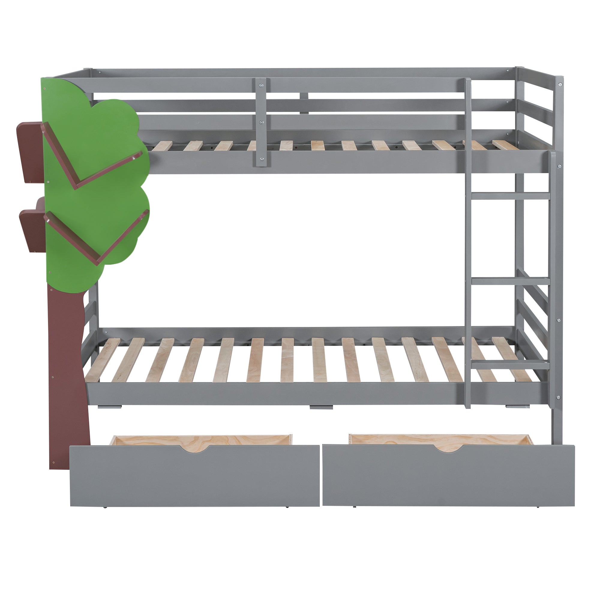 Twin-Over-Twin Bunk Bed with  a Tree Decor and Two Storage Drawers, Gray