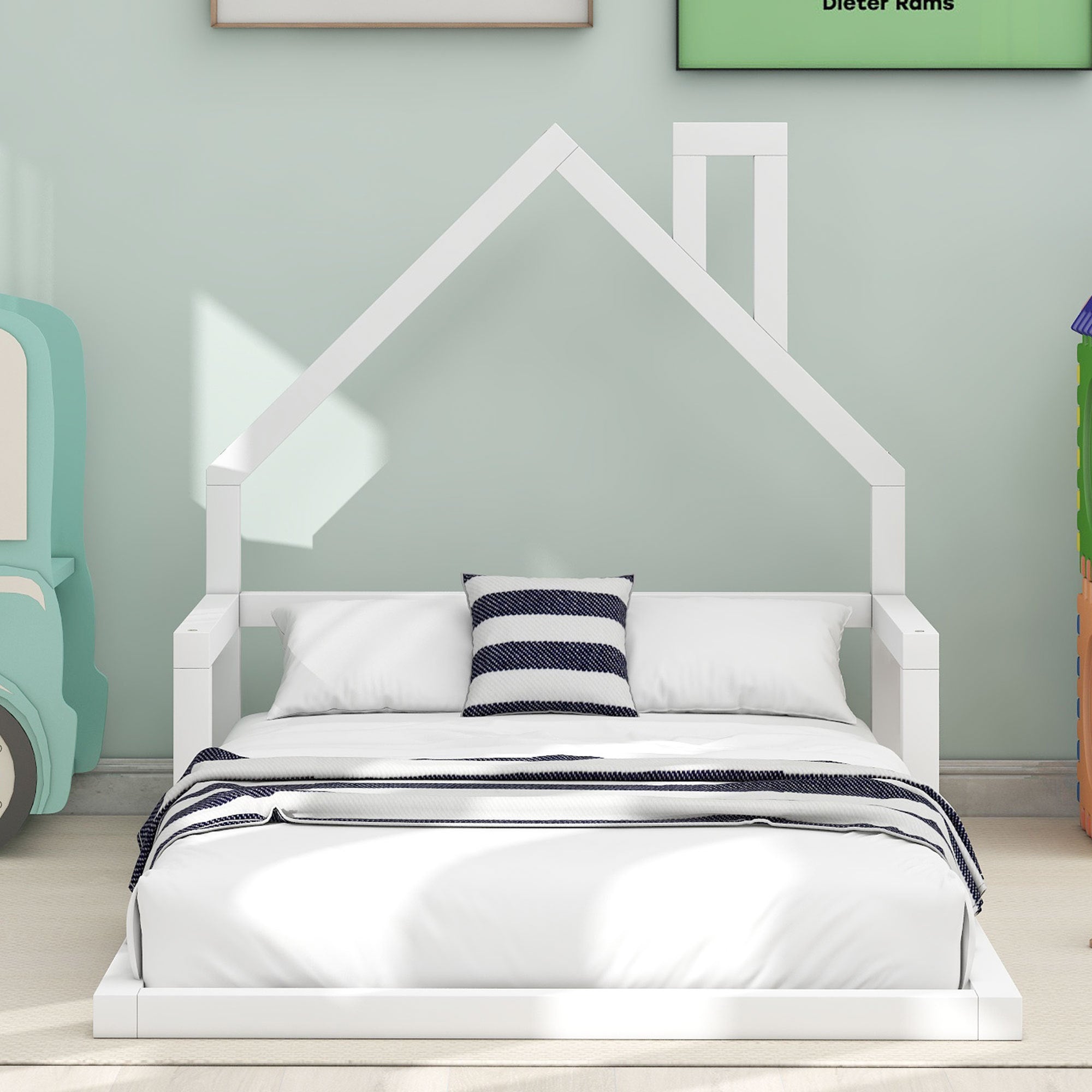 Twin Size Wood Floor Bed with House-shaped Headboard, White