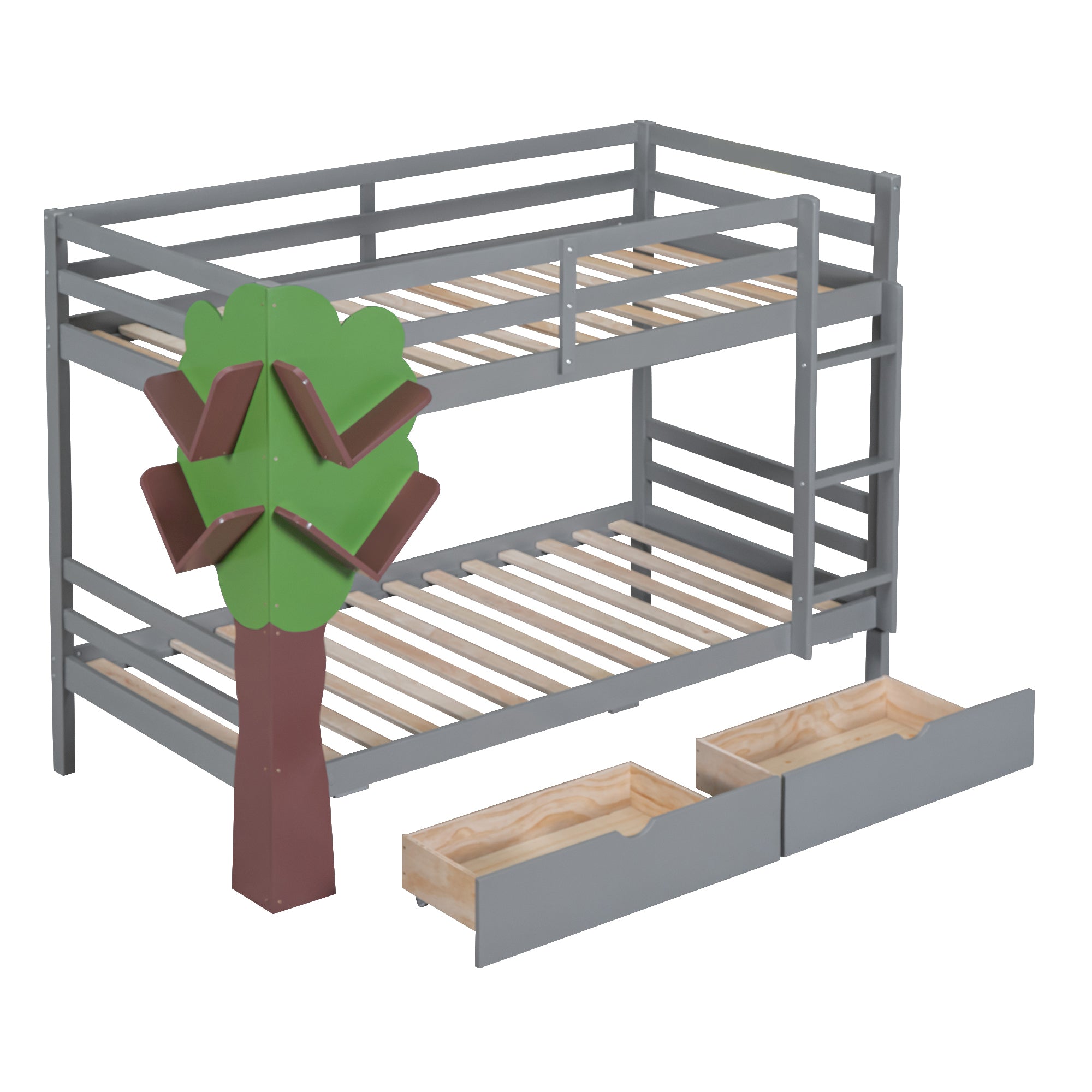 Twin-Over-Twin Bunk Bed with  a Tree Decor and Two Storage Drawers, Gray
