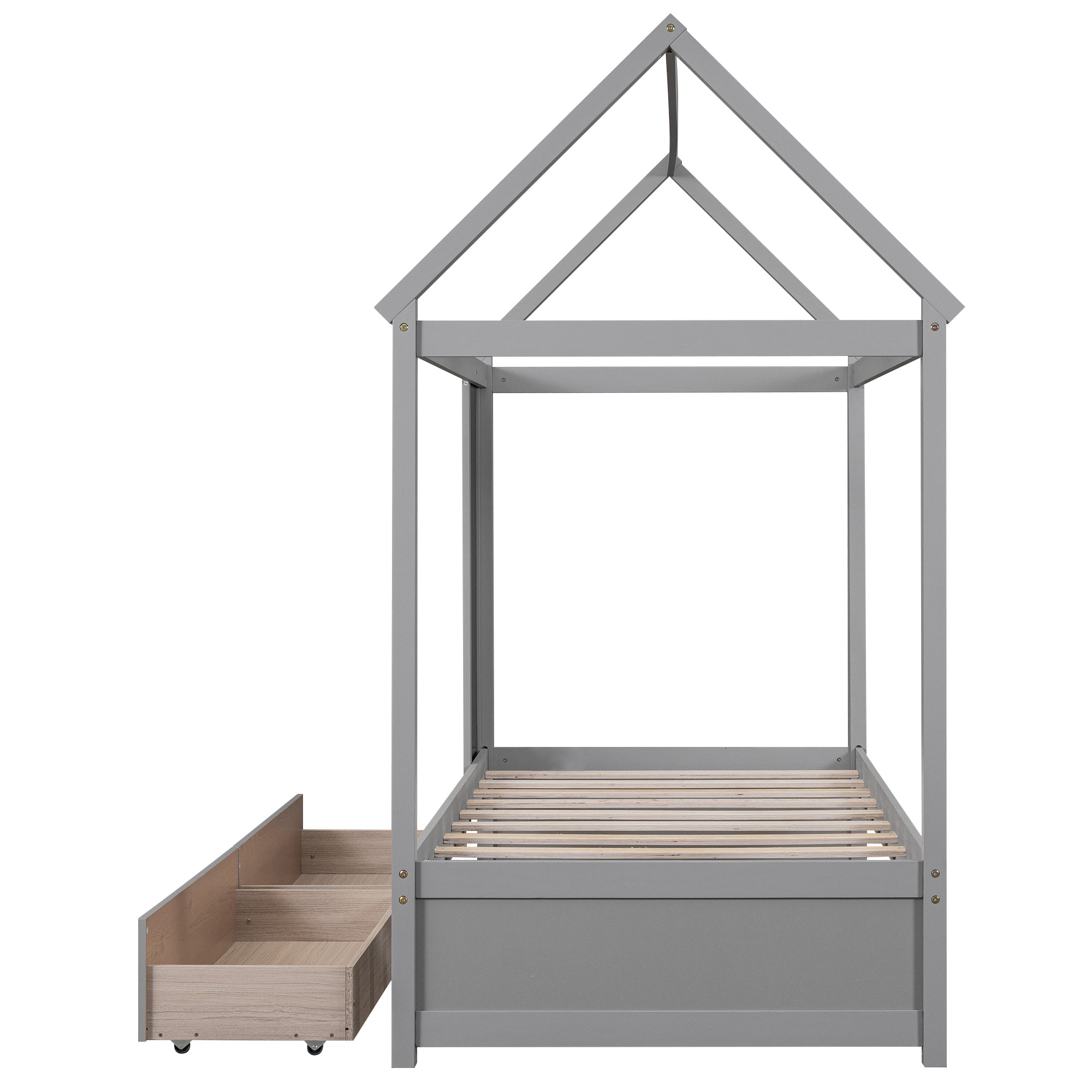 Twin Size House Bed with Drawers and Blackboard, Gray