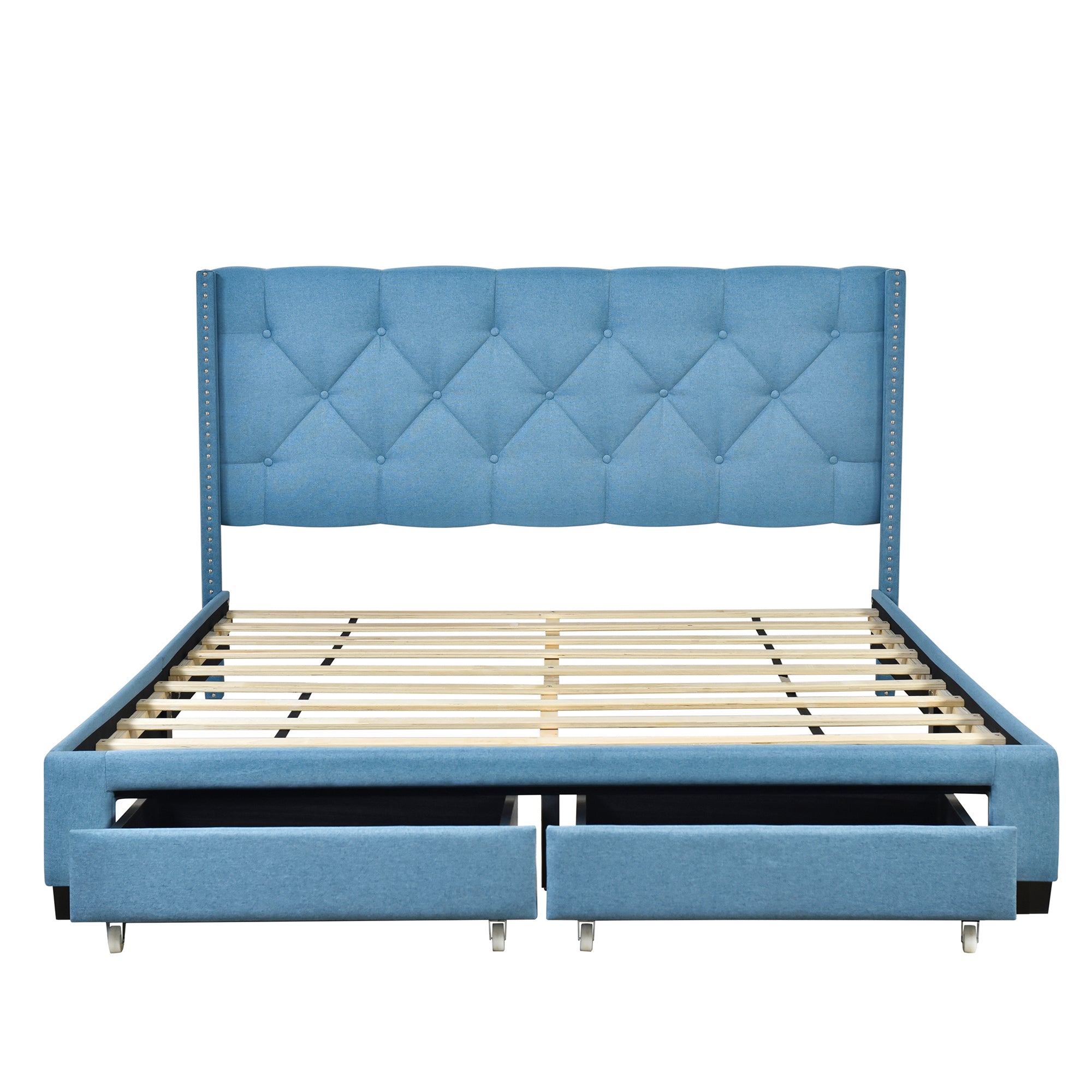 Queen Size Storage Bed Linen Upholstered Platform Bed with Two Drawers - Blue