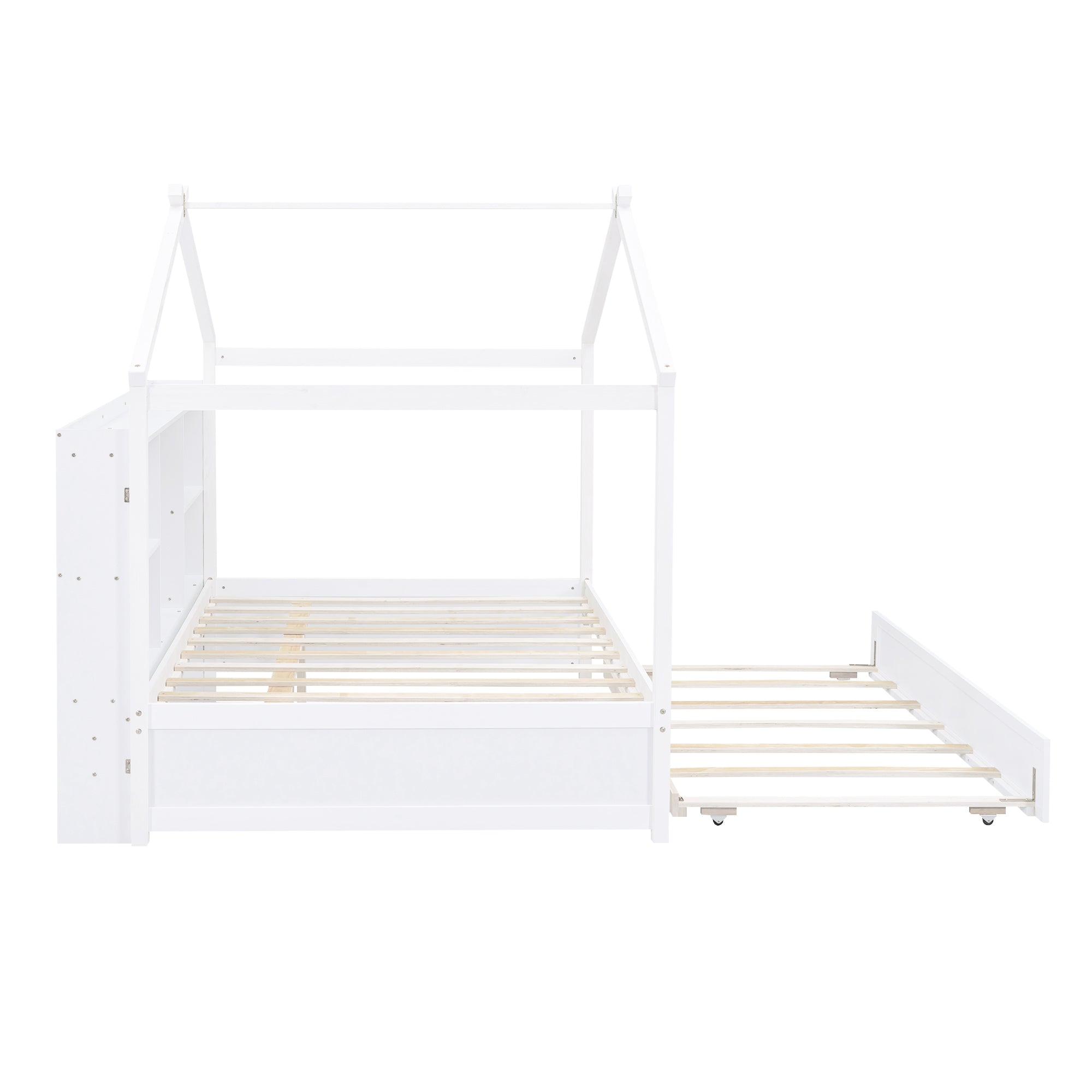 Full Size House Bed with Storage Shelves and Twin Size Trundle, Brushed White