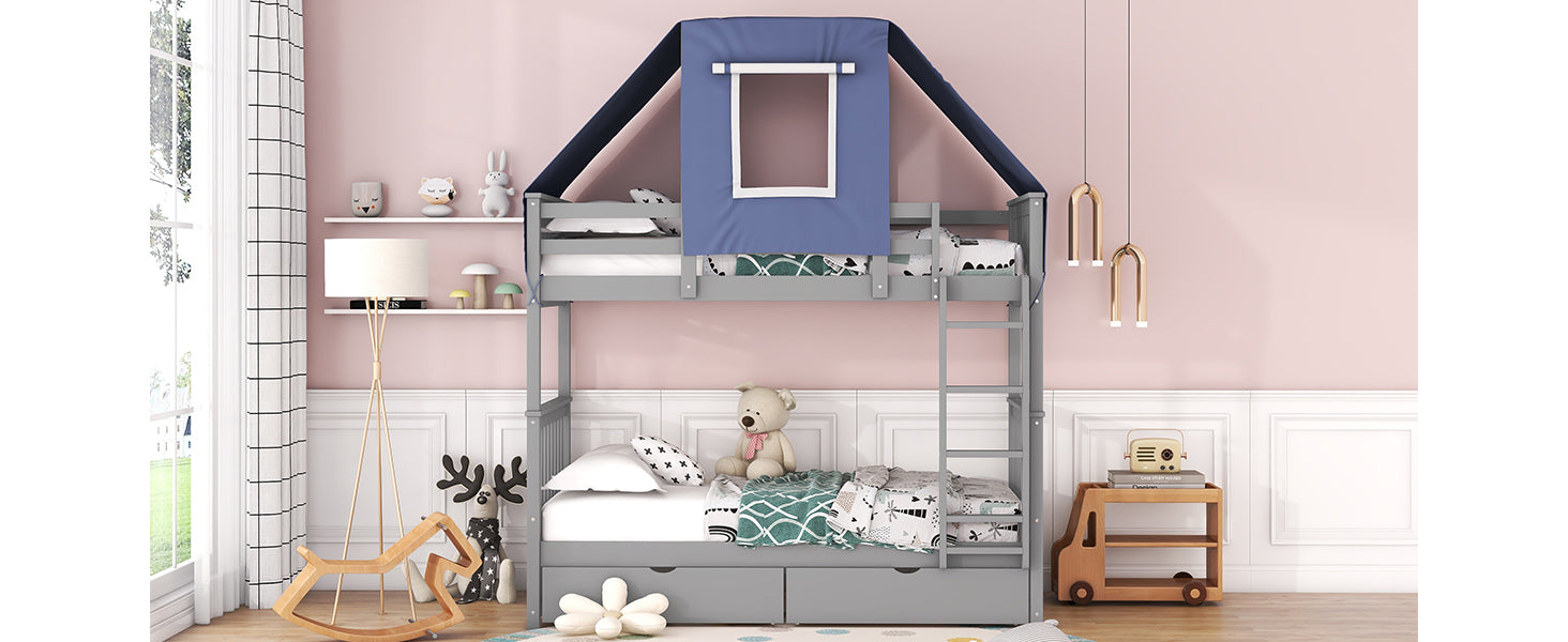 Twin Over Twin Bunk Bed Wood Bed with Tent and Drawers, Gray+Blue Tent
