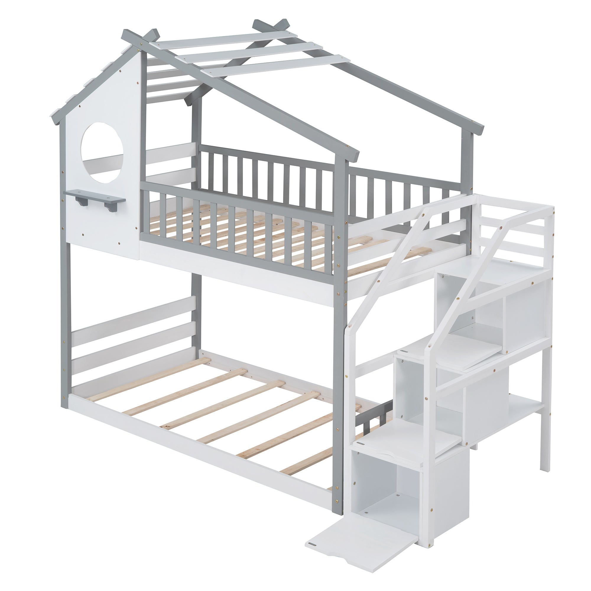 Stairway Twin-Over-Twin Bunk Bed,House Bed,Storage and Guard Rail,Gray Bed +White Stair