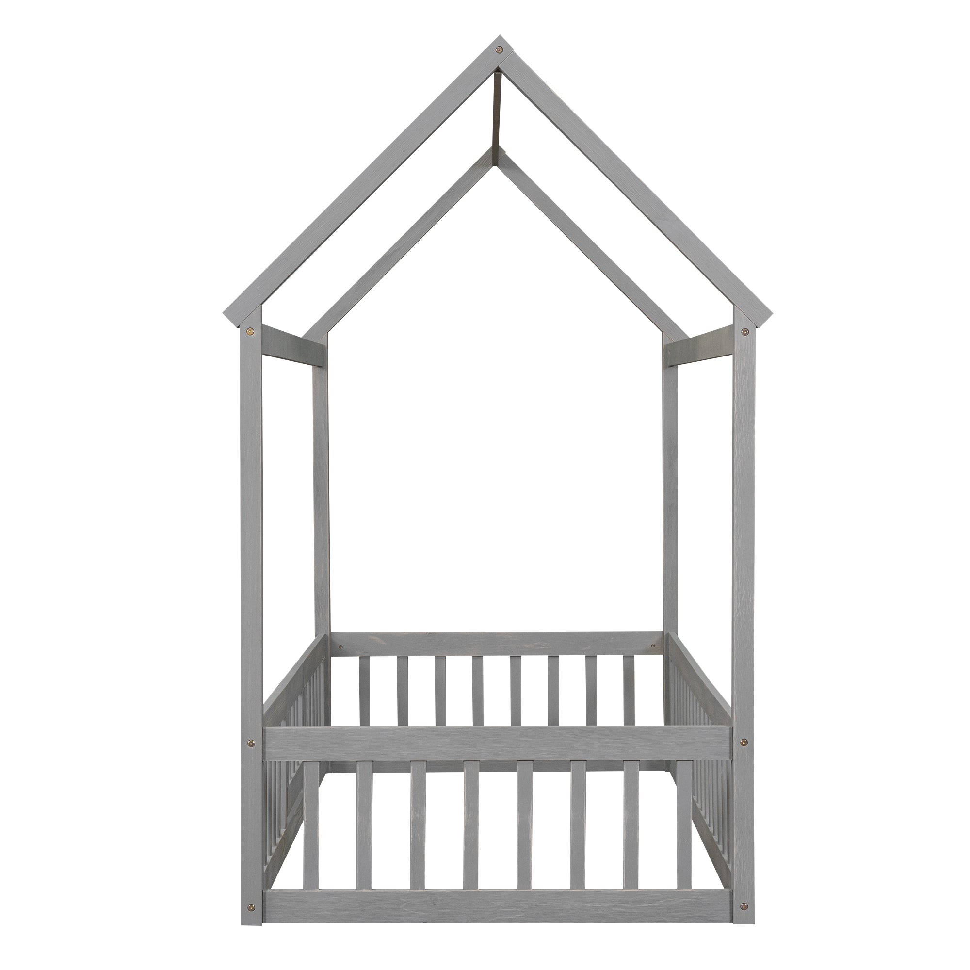 Twin Size Wood House Bed with Fence and Door, Gray Wash