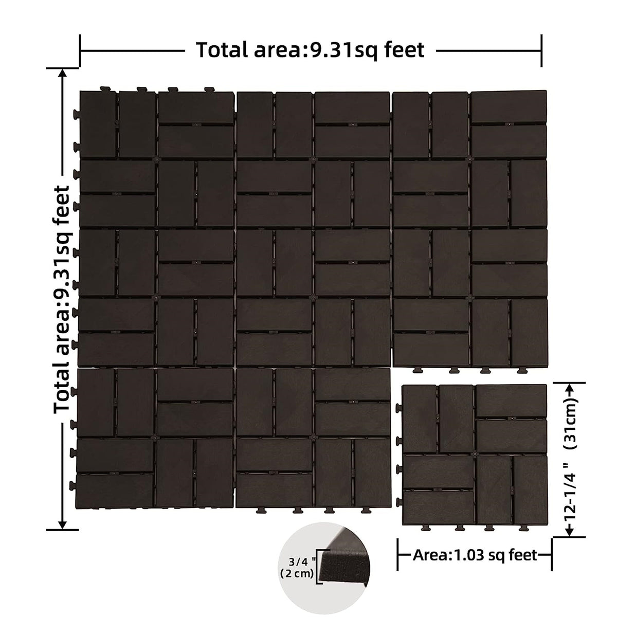 Patio Interlocking Deck Tiles, 12"x12" Square Composite Decking Tiles, Four Slat Plastic Outdoor Flooring Tile All Weather for Balcony Porch Backyard, (Brown, Pack of 27)