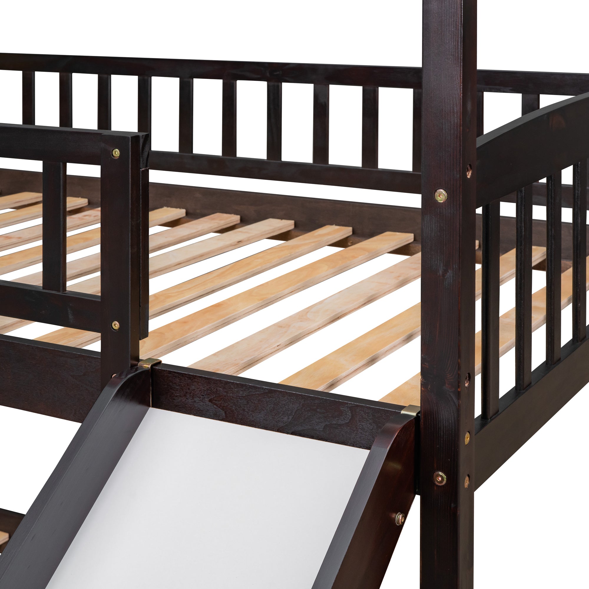 Twin Over Twin Bunk Bed with Slide, House Bed with Slide, Espresso(OLD SKU: LT000213AAP)