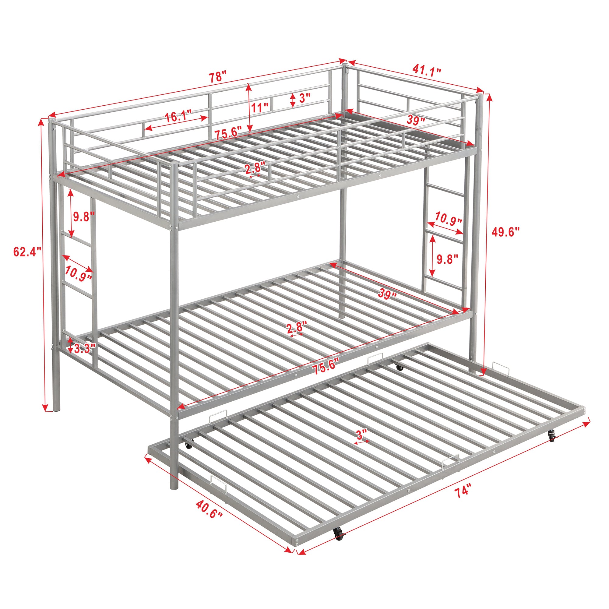 Twin over Twin Bunk Bed with Trundle, Silver
