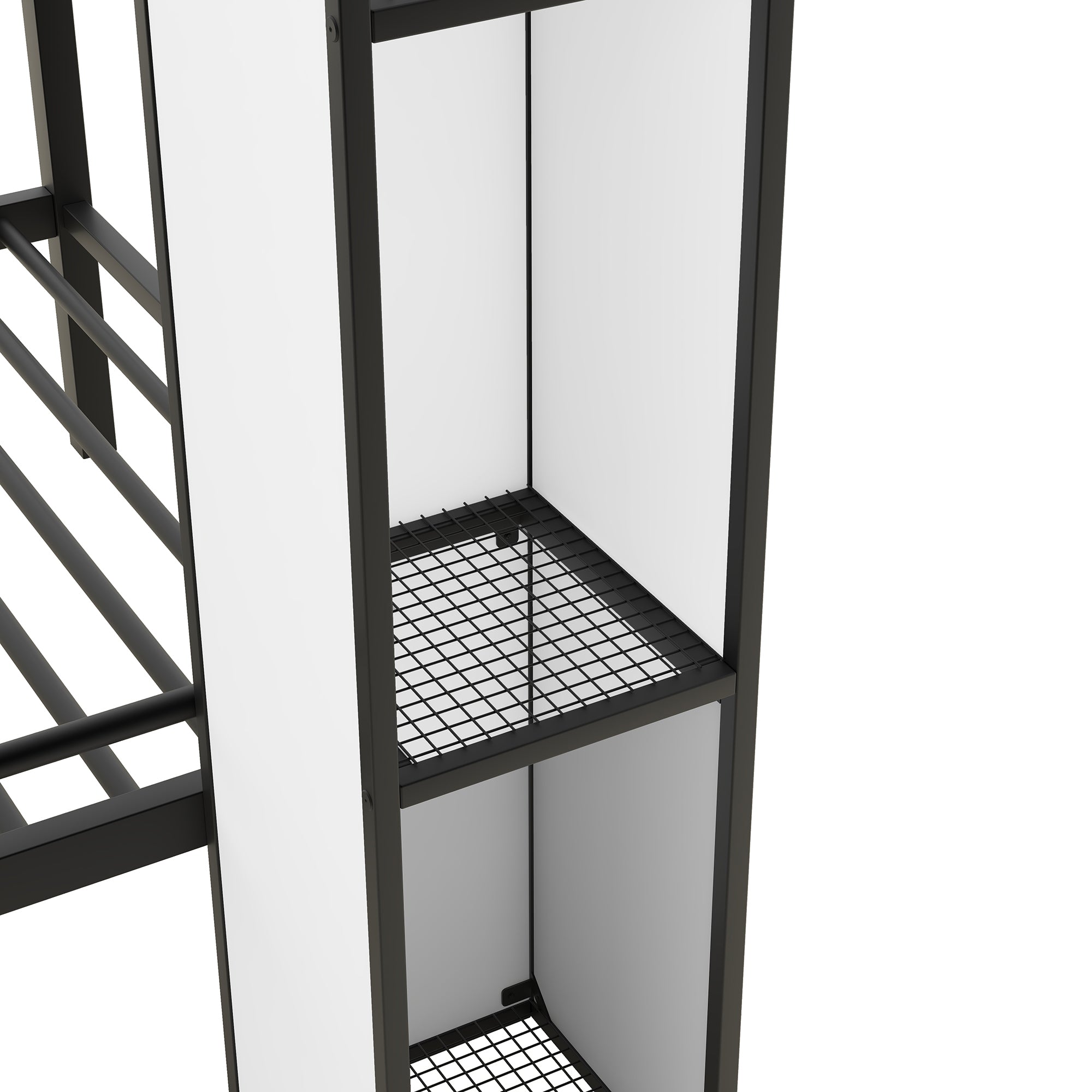 Metal Twin over Twin Castle-shaped Bunk Bed with Wardrobe and Multiple Storage, Black+White