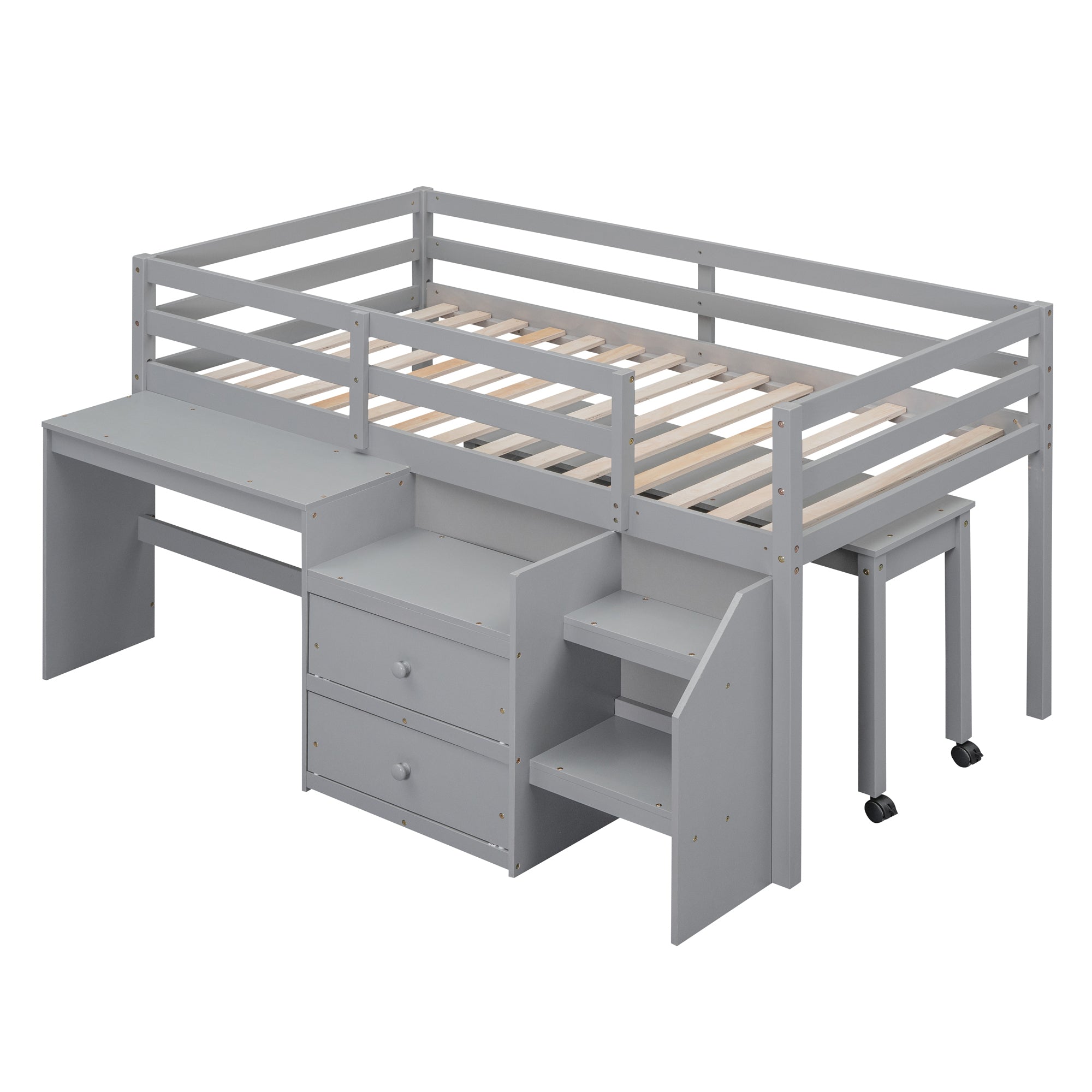 Twin Size Loft Bed with Desk and Drawers, Wooden Loft Bed with Lateral Portable Desk, Gray