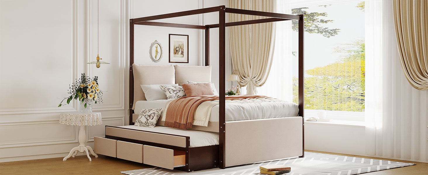 Full Size Upholstered  Canopy Bed with Trundle and 3 Drawers, Beige