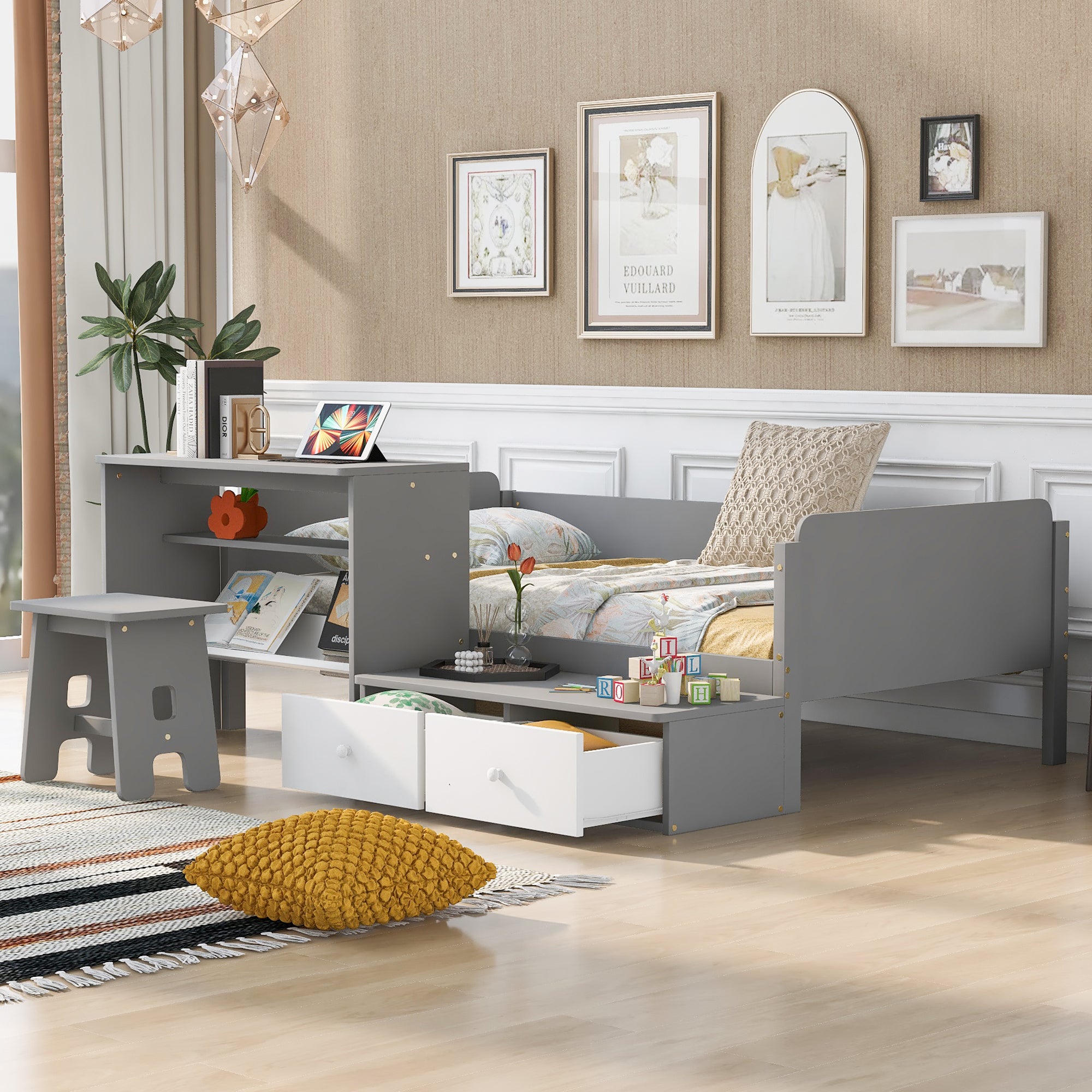 Wood Twin Size Platform Bed with 2 Drawers and 1 Chair&Desk Set, Gray+White(Expected Arrival Time: 11.22)