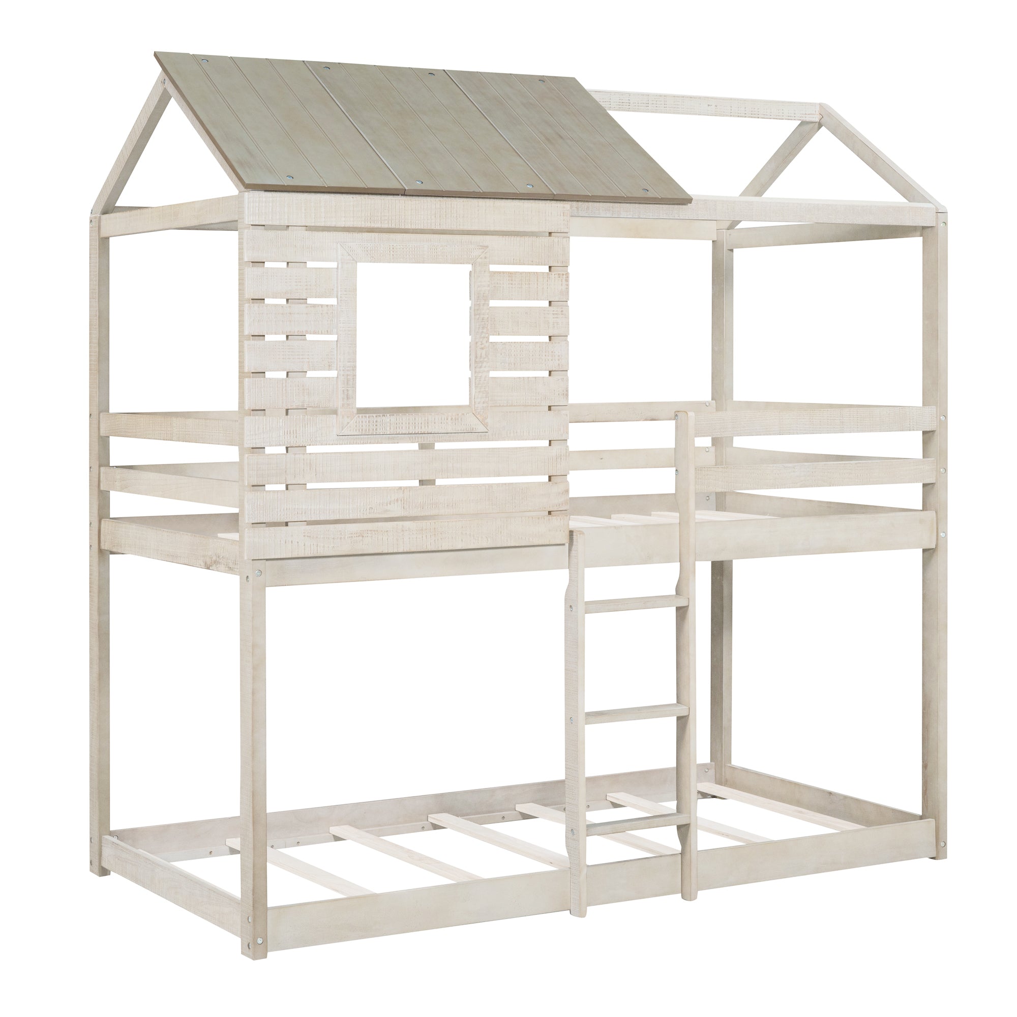 Twin Over Twin Bunk Bed Wood Loft Bed with Roof, Window, Guardrail, Ladder (Antique White )