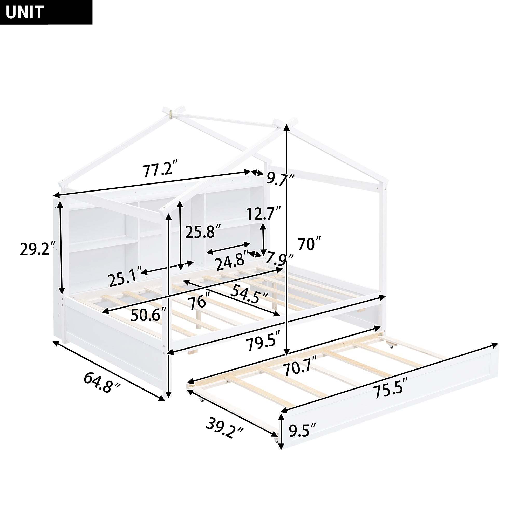 Full Size House Bed with Storage Shelves and Twin Size Trundle, Brushed White