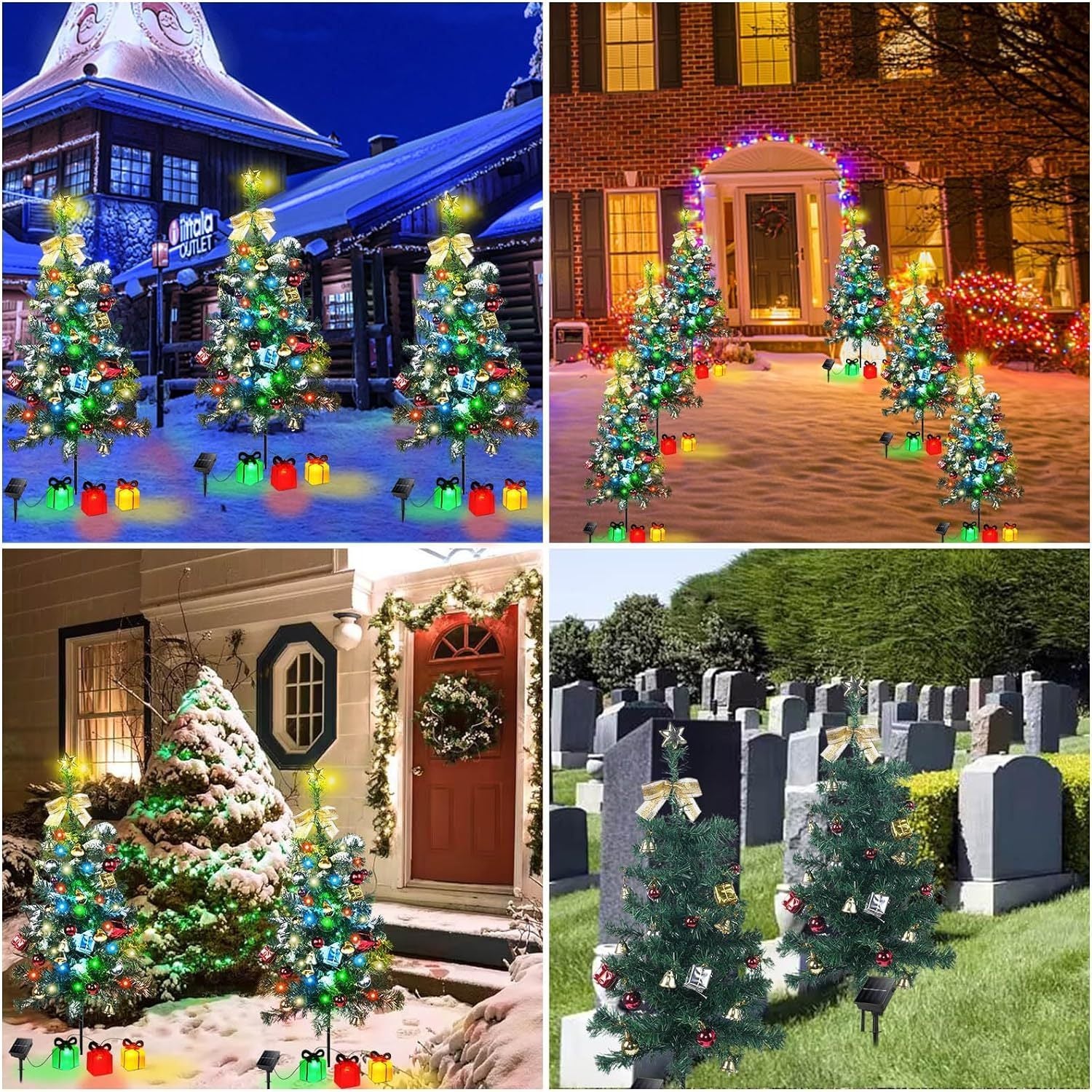 Solar Mini Christmas Tree Light Outdoor Decoration, 30 Inch Solar Tree Lights with 30 LED 8 Flashing Modes Decorated Prelit Gift Boxes & Ornaments for Pathway Patio Yard Garden Cemetery, 2PCS