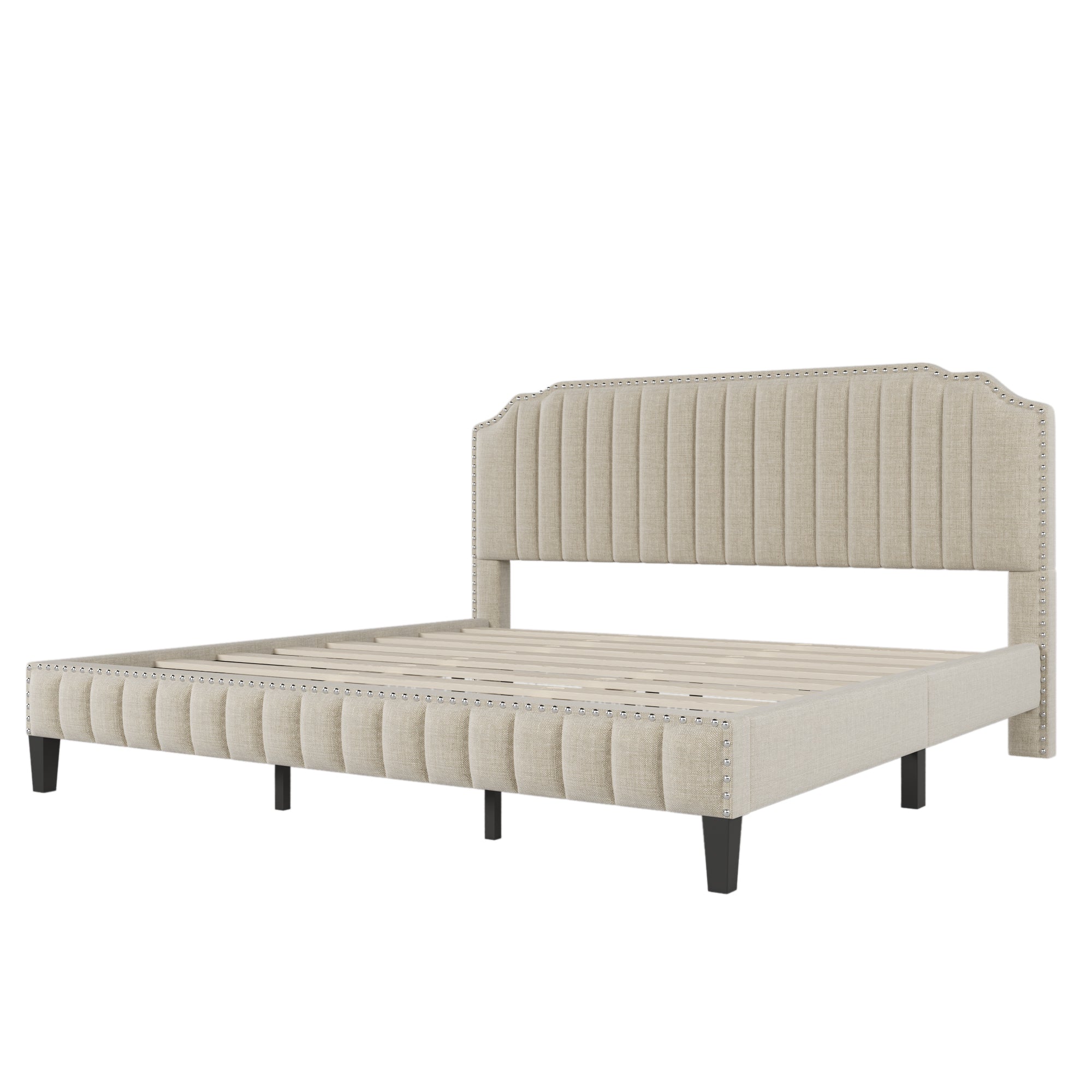 3 Pieces Bedroom Set Modern Linen Curved Upholstered Beige Platform King Bed with Two Black Cherry Nightstands