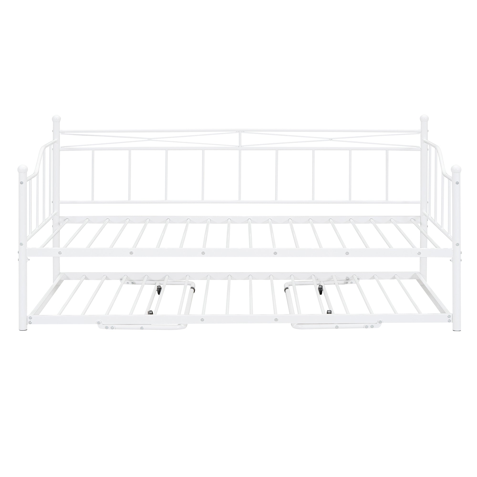 Twin Size Metal Daybed with Twin Size Adjustable Trundle, Portable Folding Trundle, White