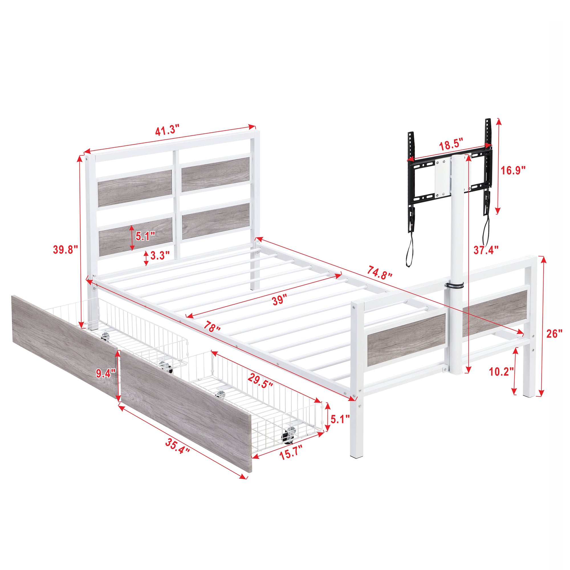Twin Size Metal Platform Bed with MDF Headboard and Footboard,Two Storage Drawers and Rotatable TV Stand,White