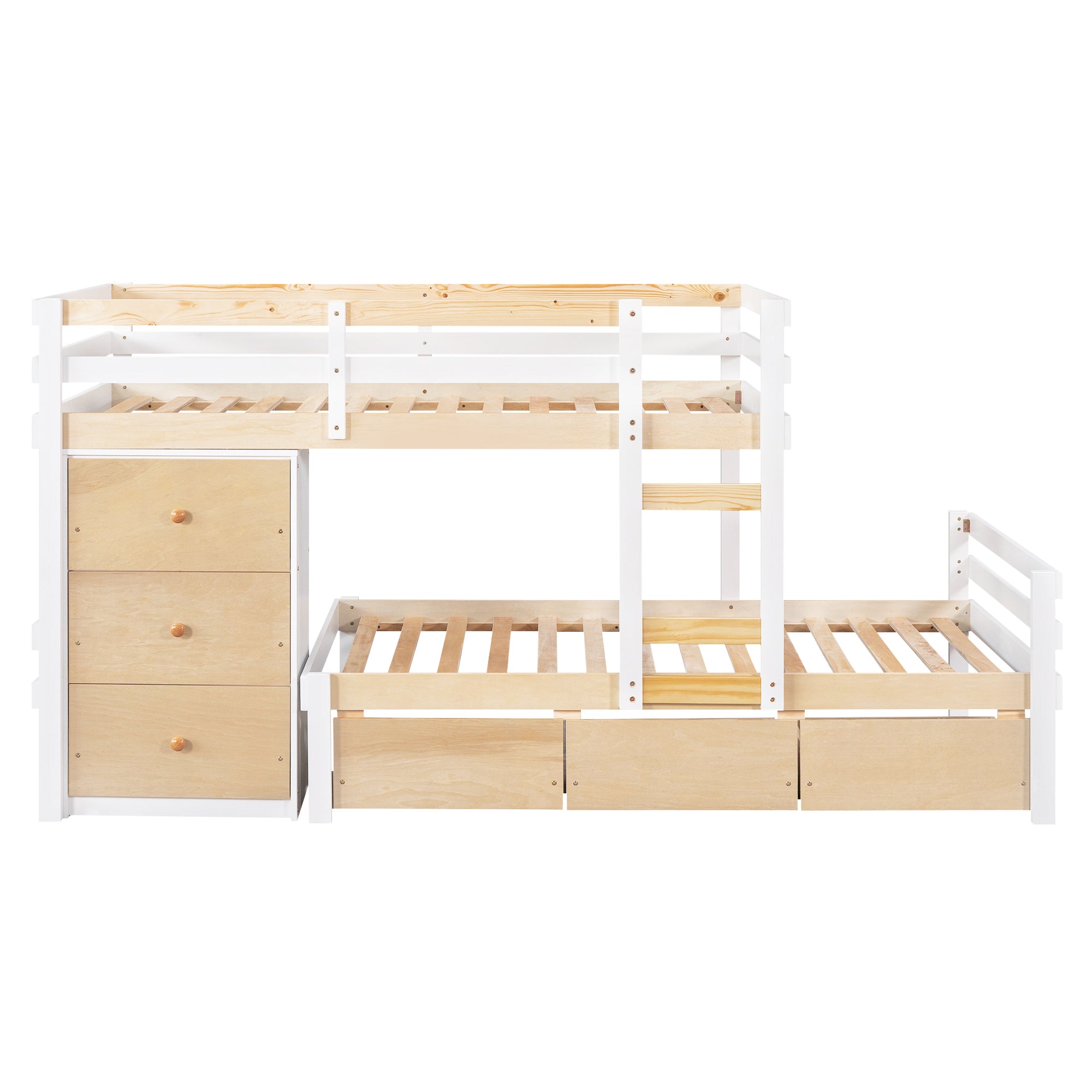 Twin over Twin Loft Bunk Bed with Drawers and Ladder, Natural