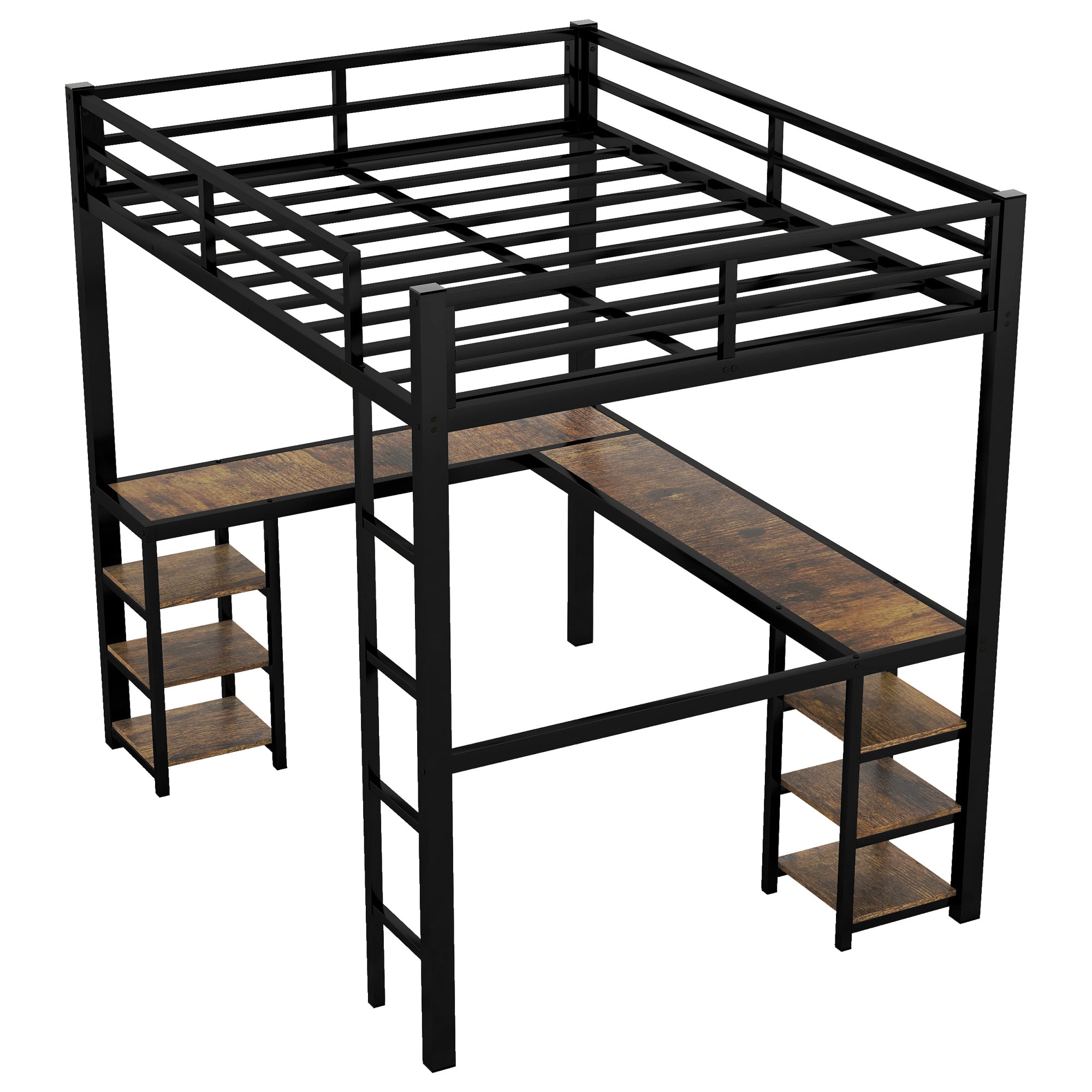 Full Metal Loft Bed with Desk and Shelves, Loft Bed with Ladder and Guardrails, Loft Bed Frame for Bedroom (Black)  (Old SKU: W1307S00009)
