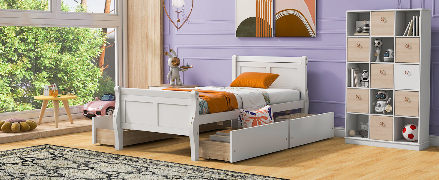 Twin Size Wood Platform Bed with 4 Drawers and Streamlined Headboard & Footboard, White