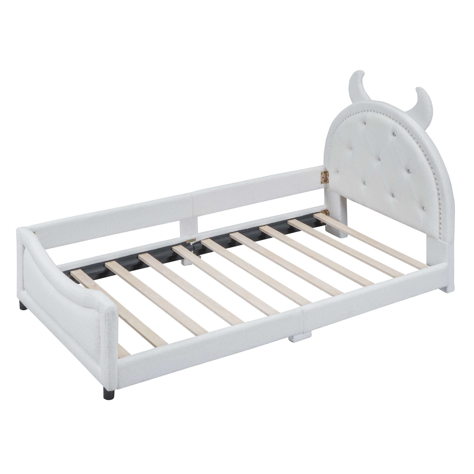 Teddy Fleece Twin Size Upholstered Daybed with OX Horn Shaped Headboard, White