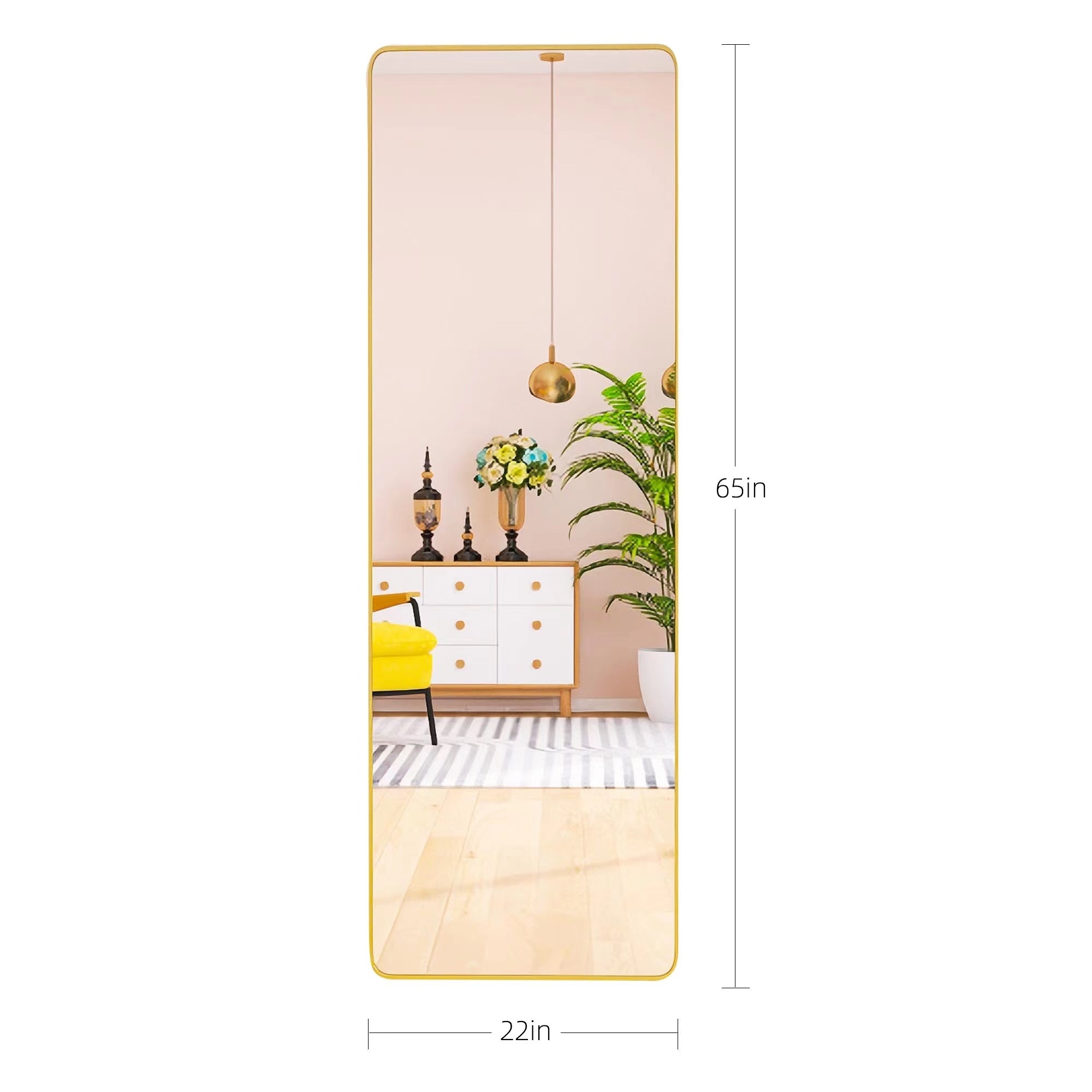 square rounded corners  Full Length Mirror Floor Mirror Hanging Standing or Leaning, Bedroom Mirror Wall-Mounted Mirror Dressing Mirror with Gold Aluminum Alloy Frame，65" x 22"