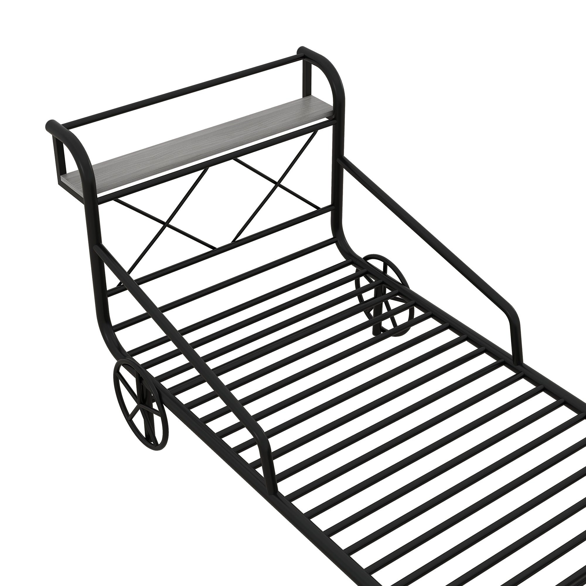 Twin Size Metal Car Bed with Four Wheels, Guardrails and  X-Shaped Frame Shelf, Black(Old SKU: MF297599AAB)