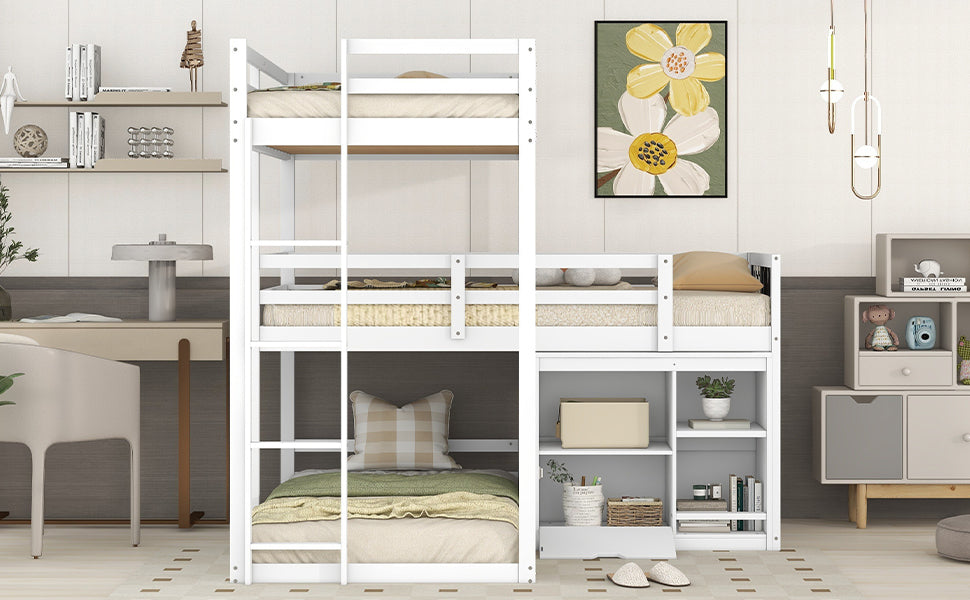 L-shaped Wood Triple Twin Size Bunk Bed with Storage Cabinet and Blackboard, Ladder, White