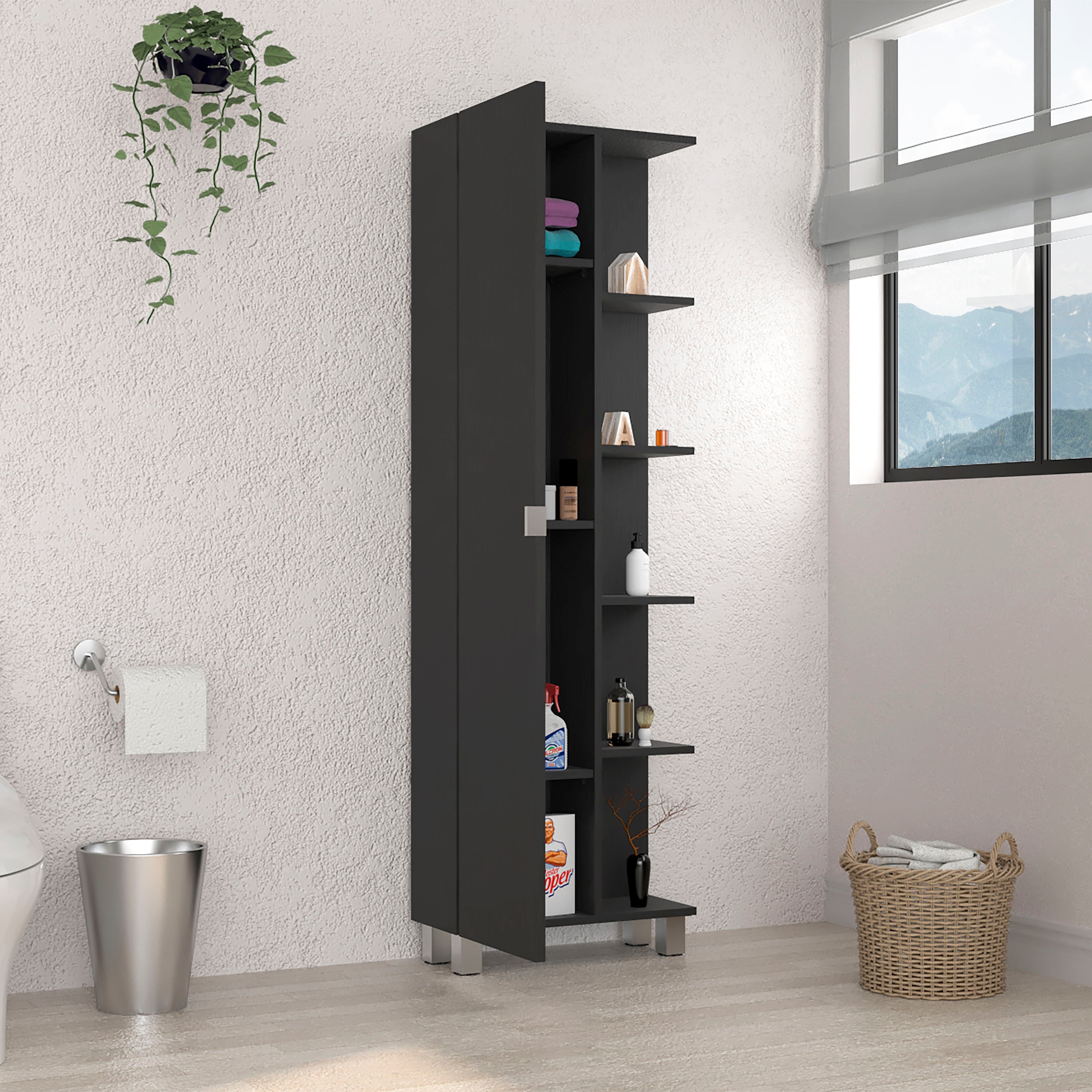 Urano Mirror Linen Cabinet, Four Interior  Shelves, Five External Shelves -Black