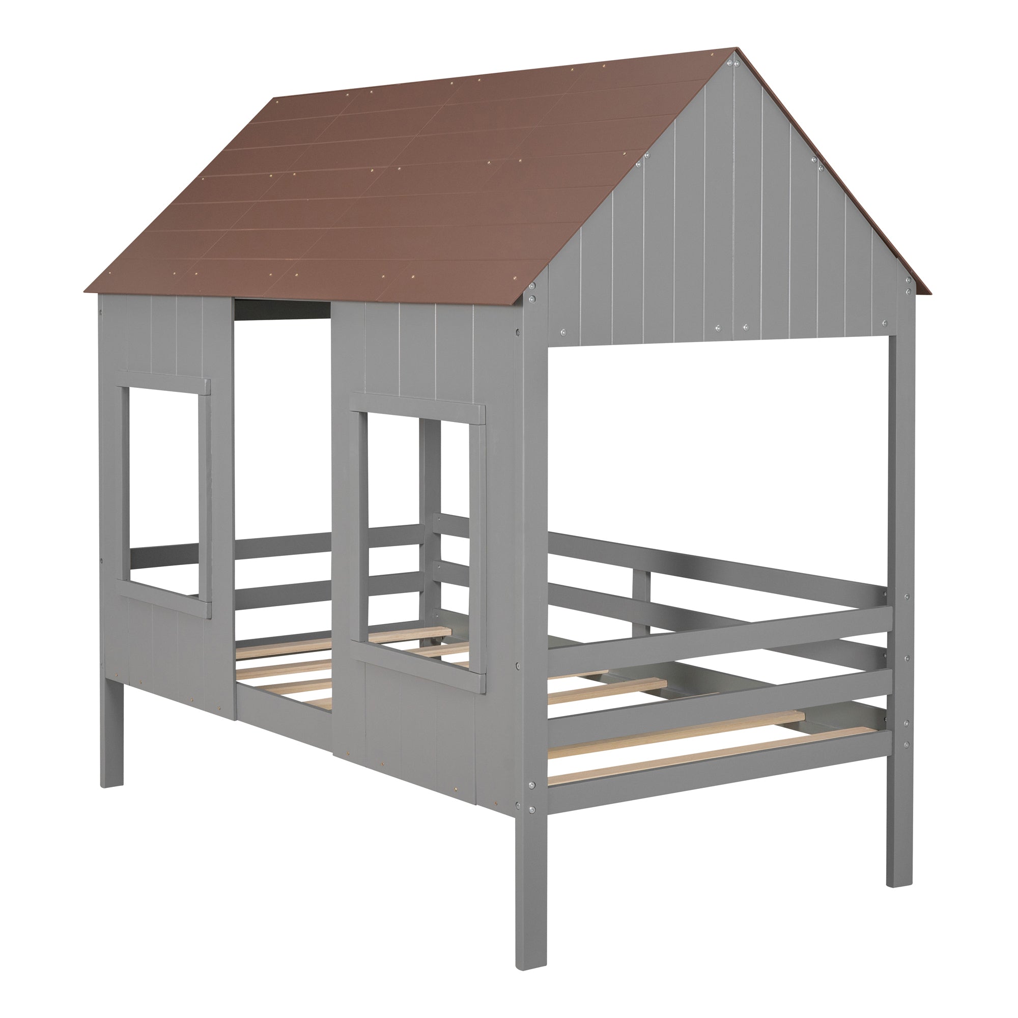 Twin Size Low Loft Wood House Bed with Two Front Windows, (Gray+ Brown)(OLD SKU:LP000039AAL)
