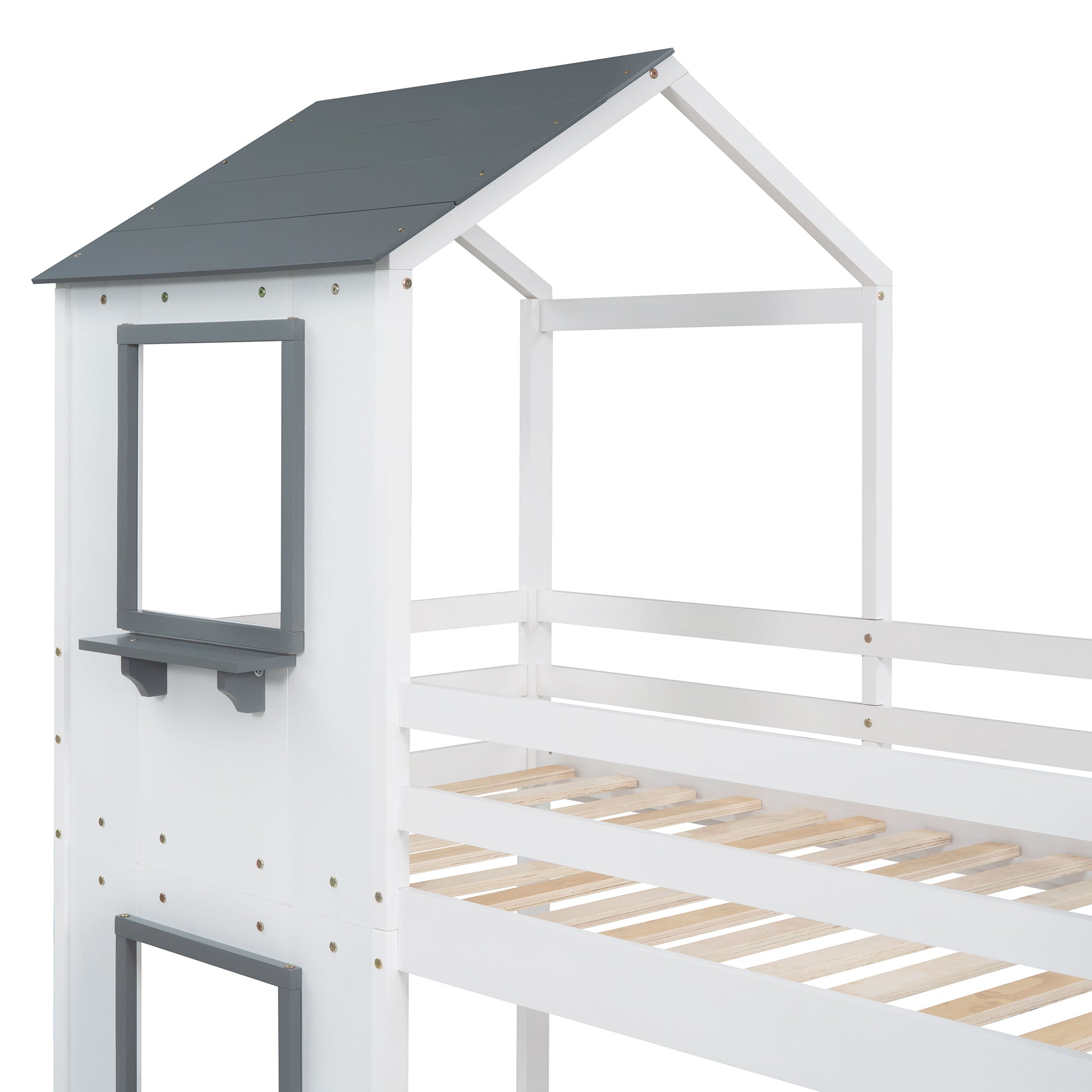 Twin Over Twin Bunk Bed with Storage Stairs,Wood Bed with Roof, Window, Guardrail, Ladder, White