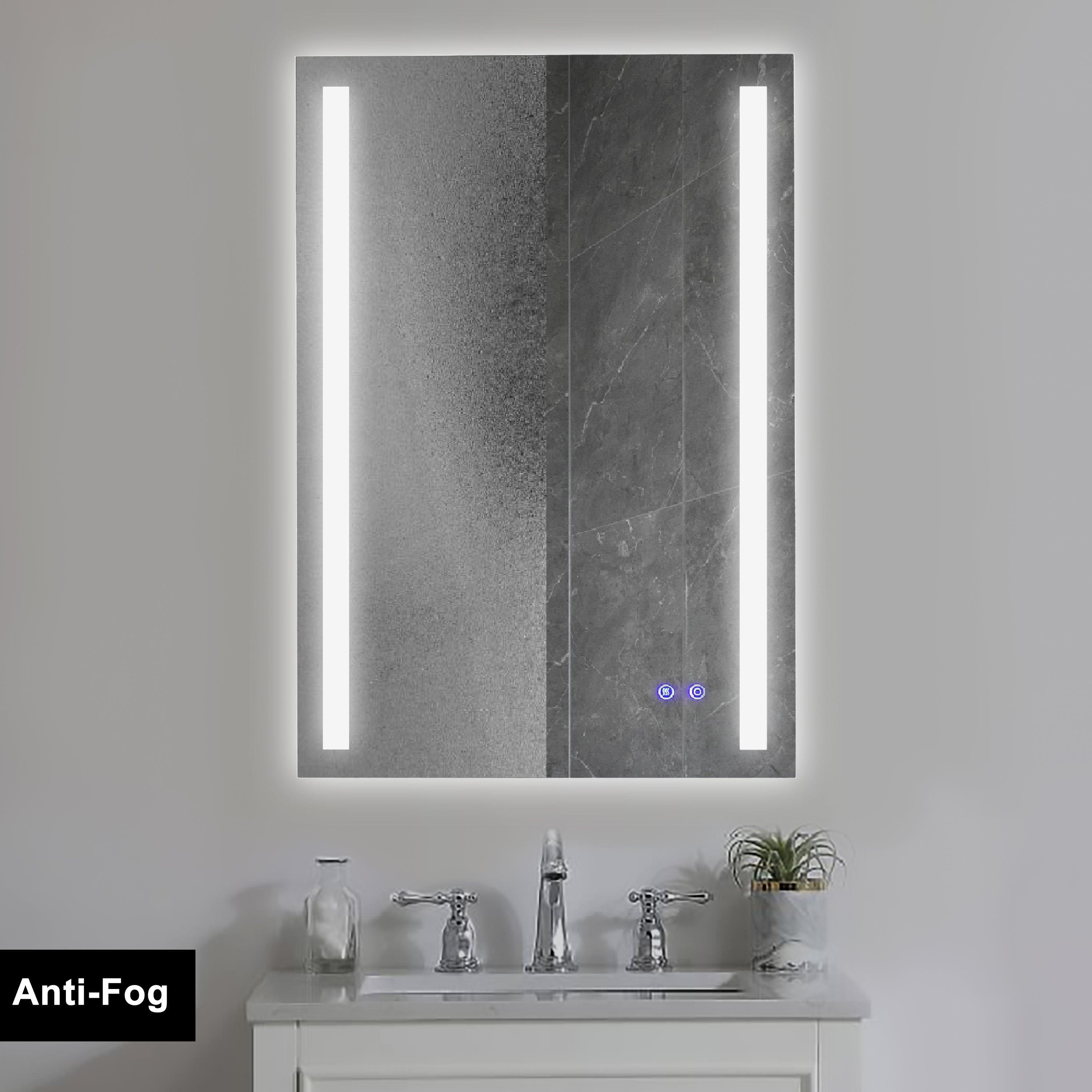 24 x 36 Inch Frameless LED Illuminated Bathroom Mirror, Touch Button Defogger, Metal, Vertical Stripes Design, Silver