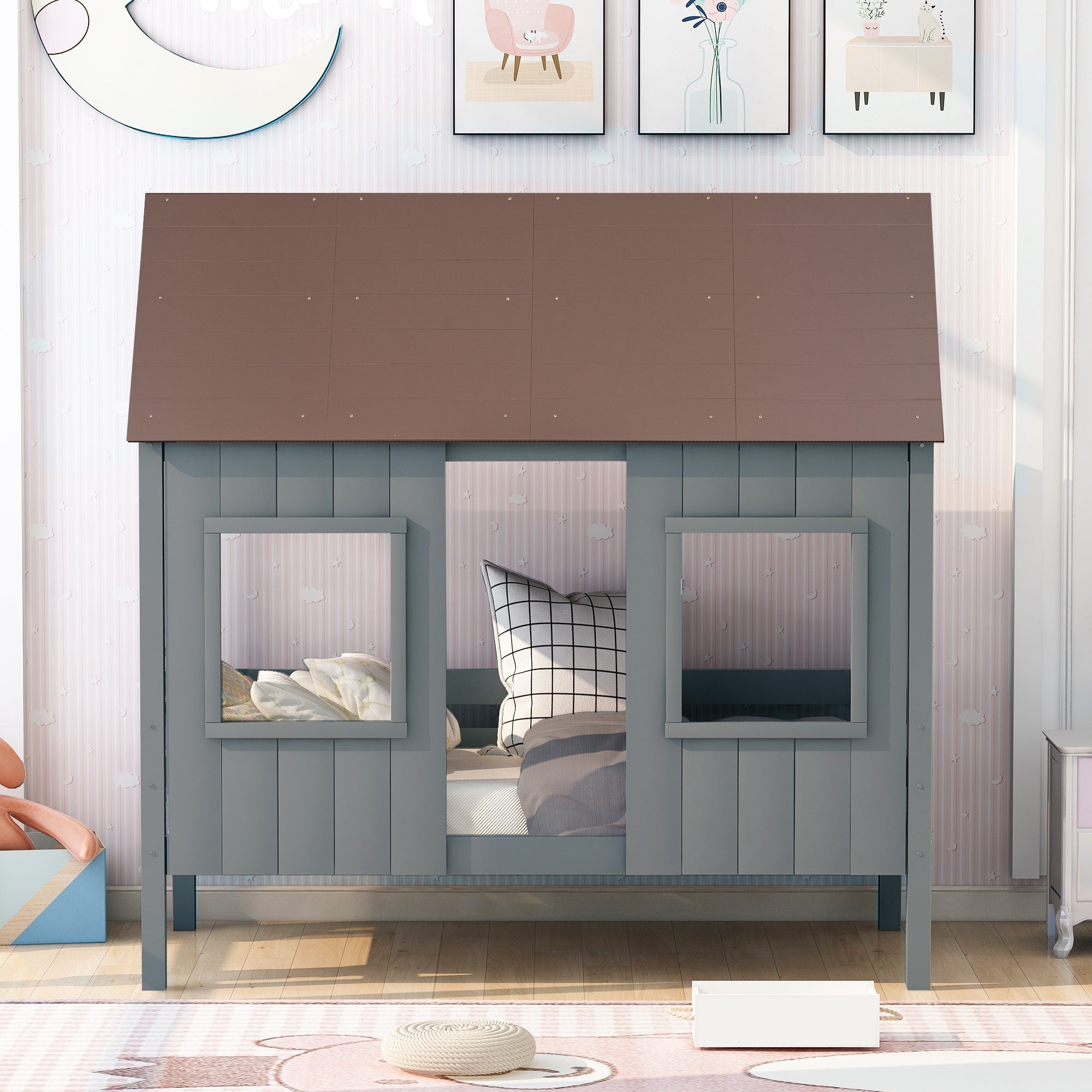 Twin Size Low Loft Wood House Bed with Two Front Windows, (Gray+ Brown)(OLD SKU:LP000039AAL)
