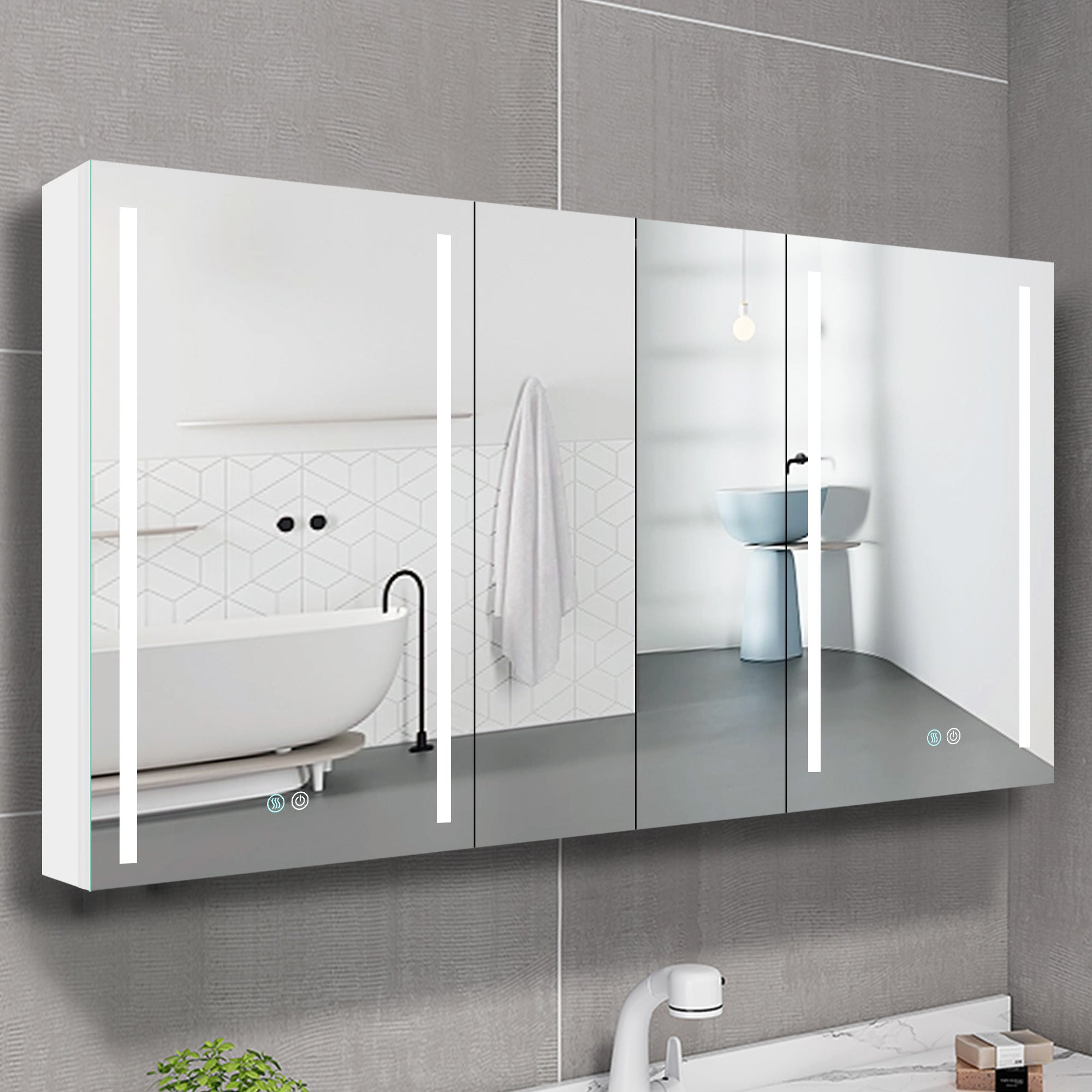 60x30 Inch LED Bathroom Medicine Cabinet Surface Mount Double Door Lighted Medicine Cabinet, Medicine Cabinets for Bathroom with Mirror Defogging, Dimmer White