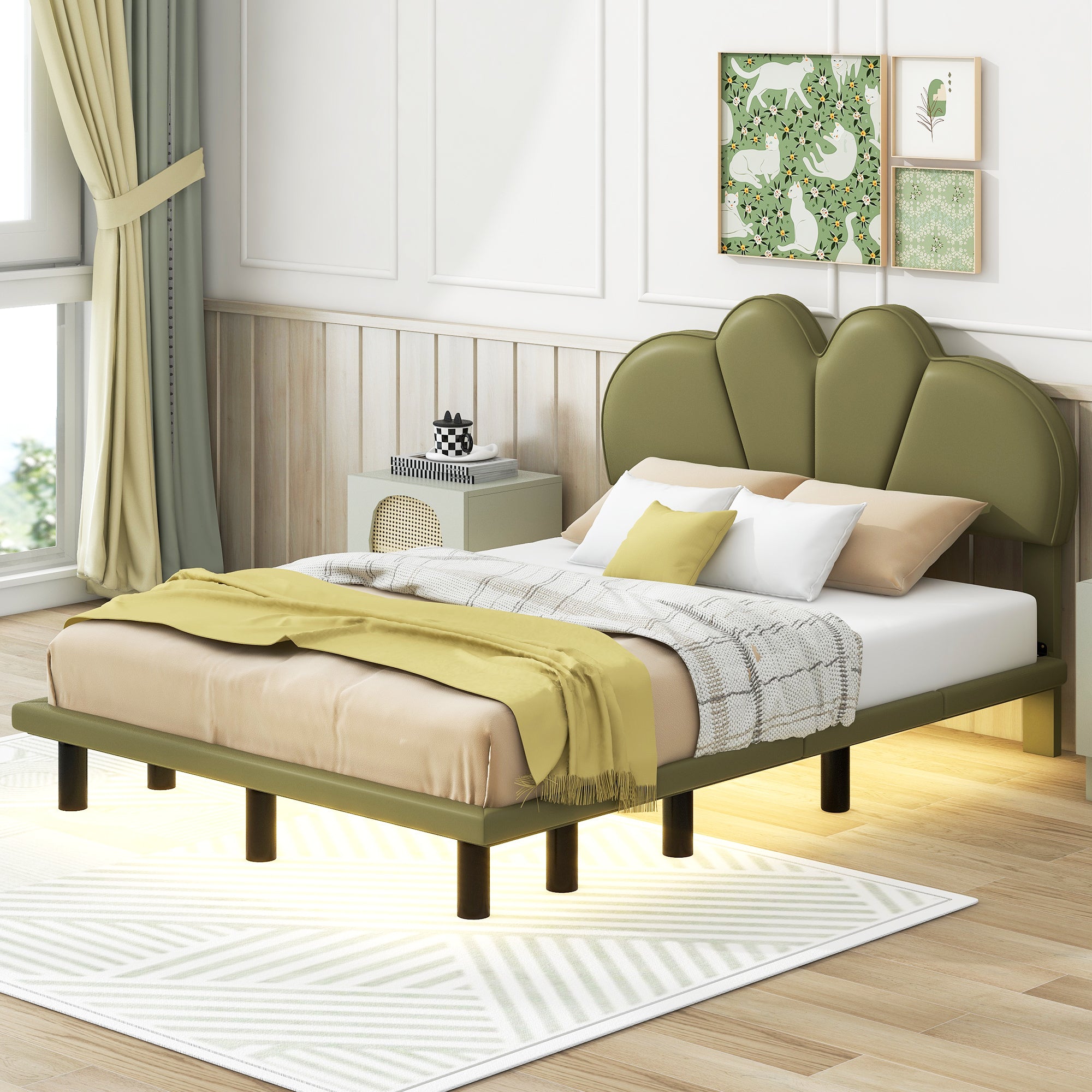 Full Size Upholstery Platform Bed with PU Leather Headboard and Support Legs,Underbed LED Light,Green