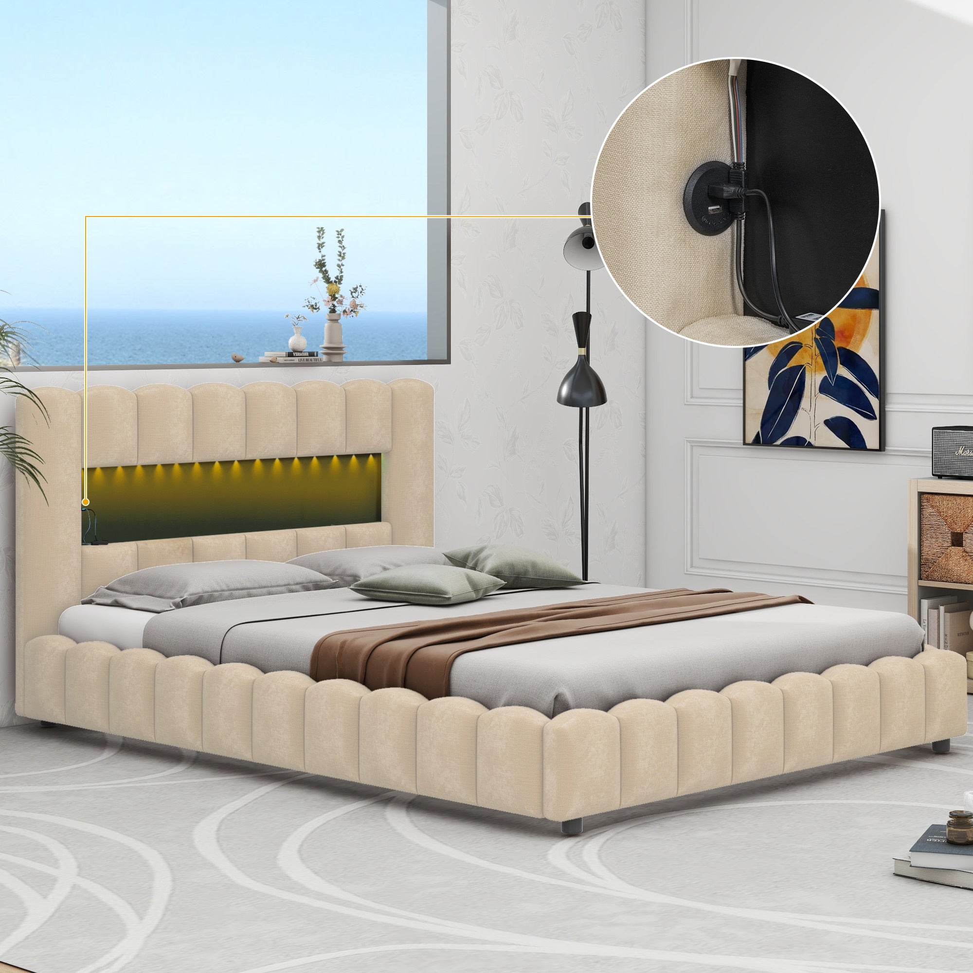 Queen Size Upholstered Platform Bed with LED Headboard and USB, Beige
