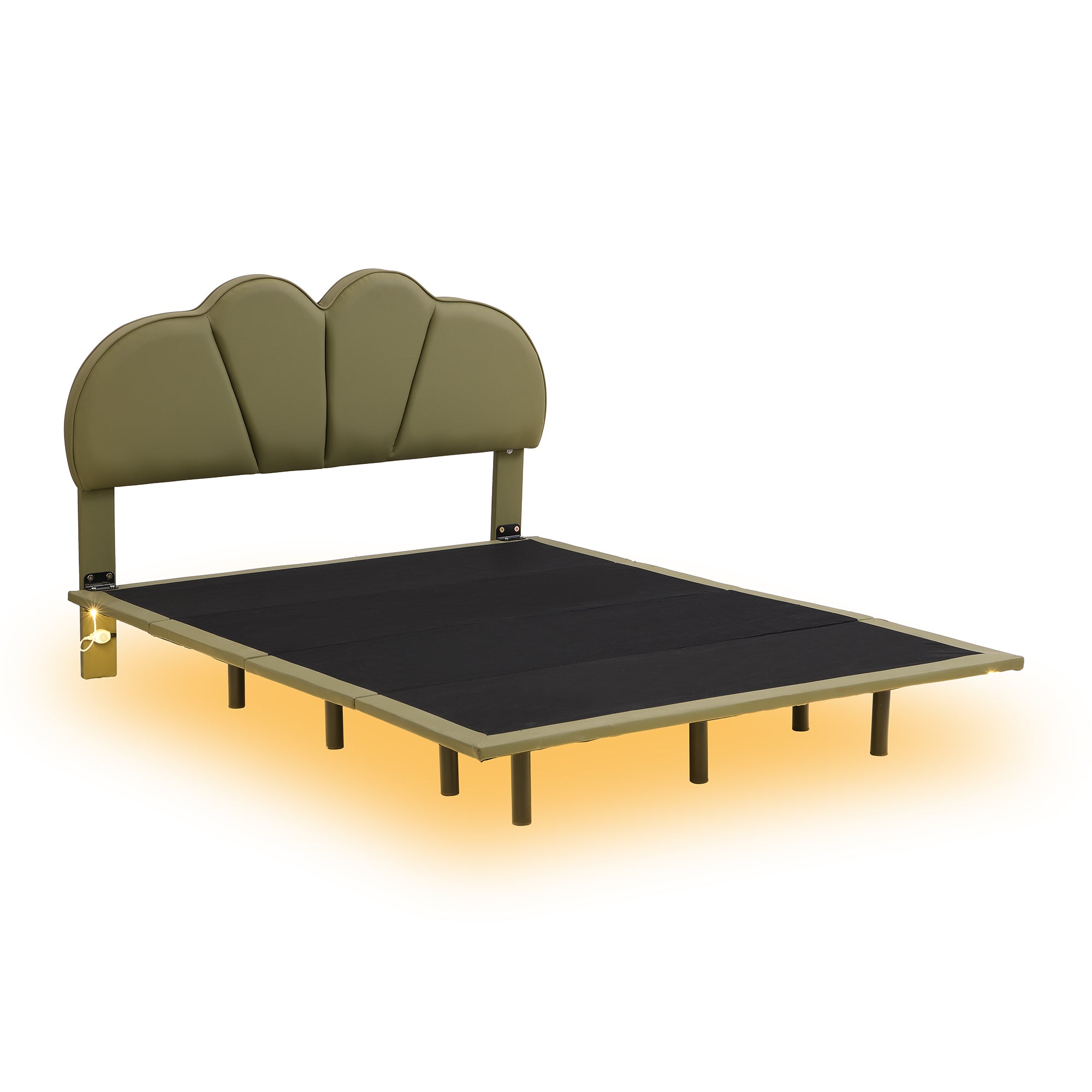 Full Size Upholstery Platform Bed with PU Leather Headboard and Support Legs,Underbed LED Light,Green