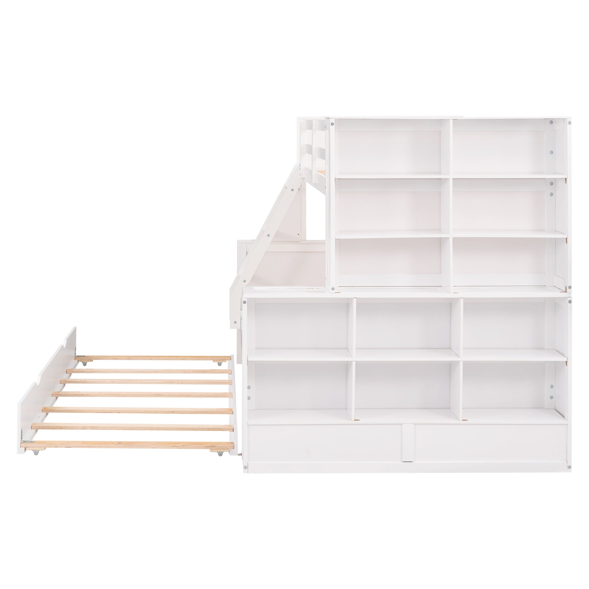 Twin over Full Bunk Bed with Trundle and Shelves, can be Separated into Three Separate Platform Beds, White