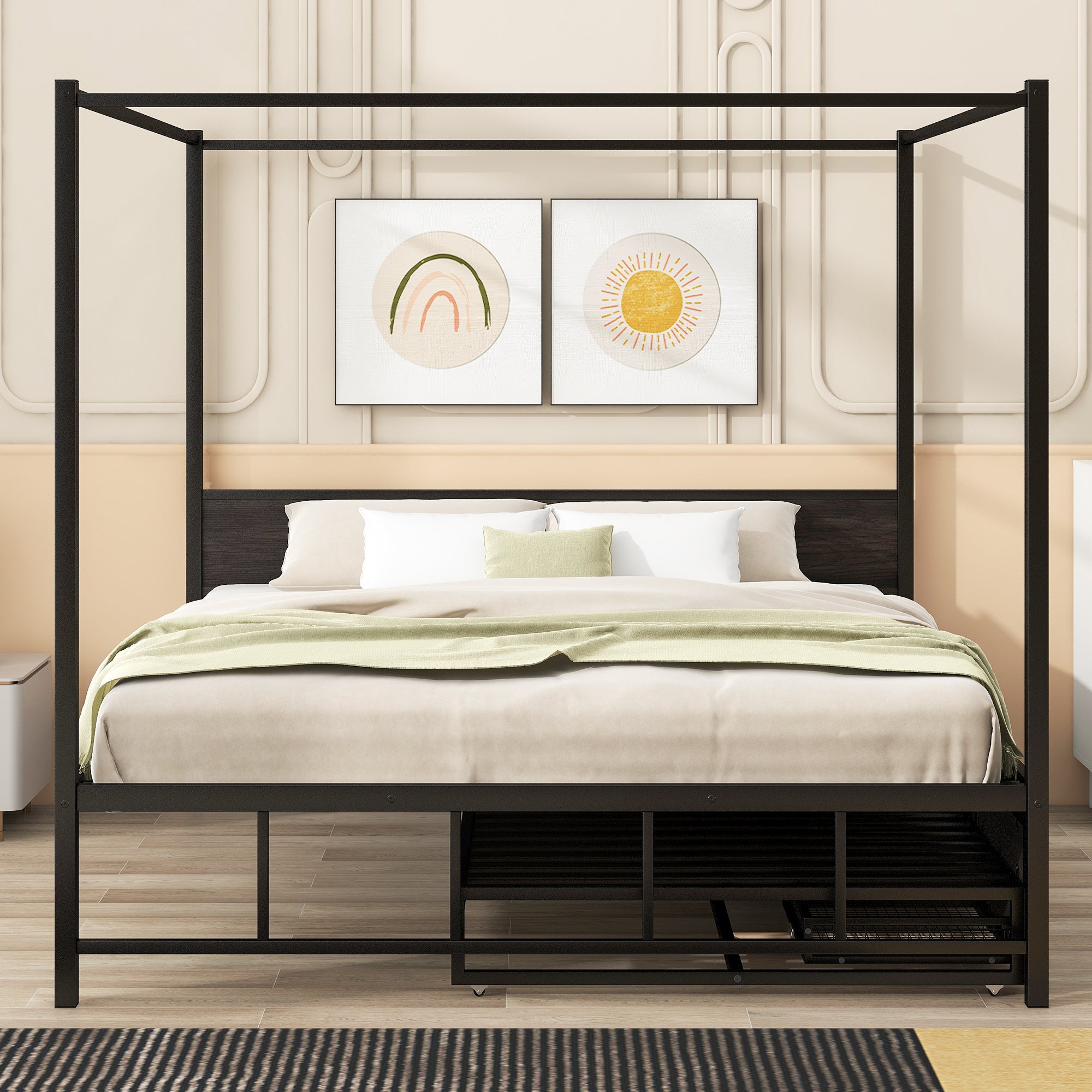 Queen Size Metal Canopy Platform Bed with Twin Size Trundle and 3 Storage Drawers, Black