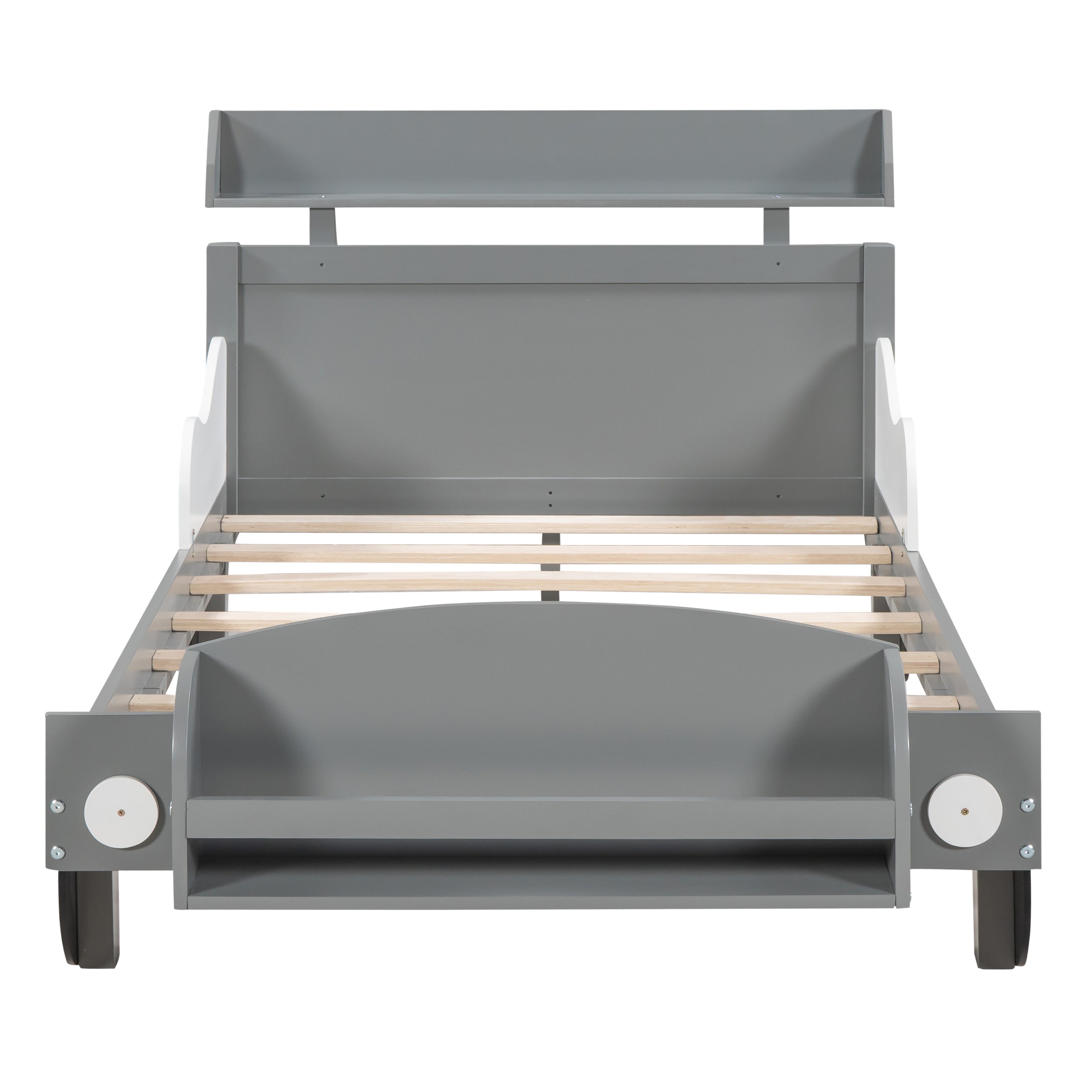 Twin Size Car-Shaped Platform Bed,Twin Bed with Storage Shelf for Bedroom,Gray