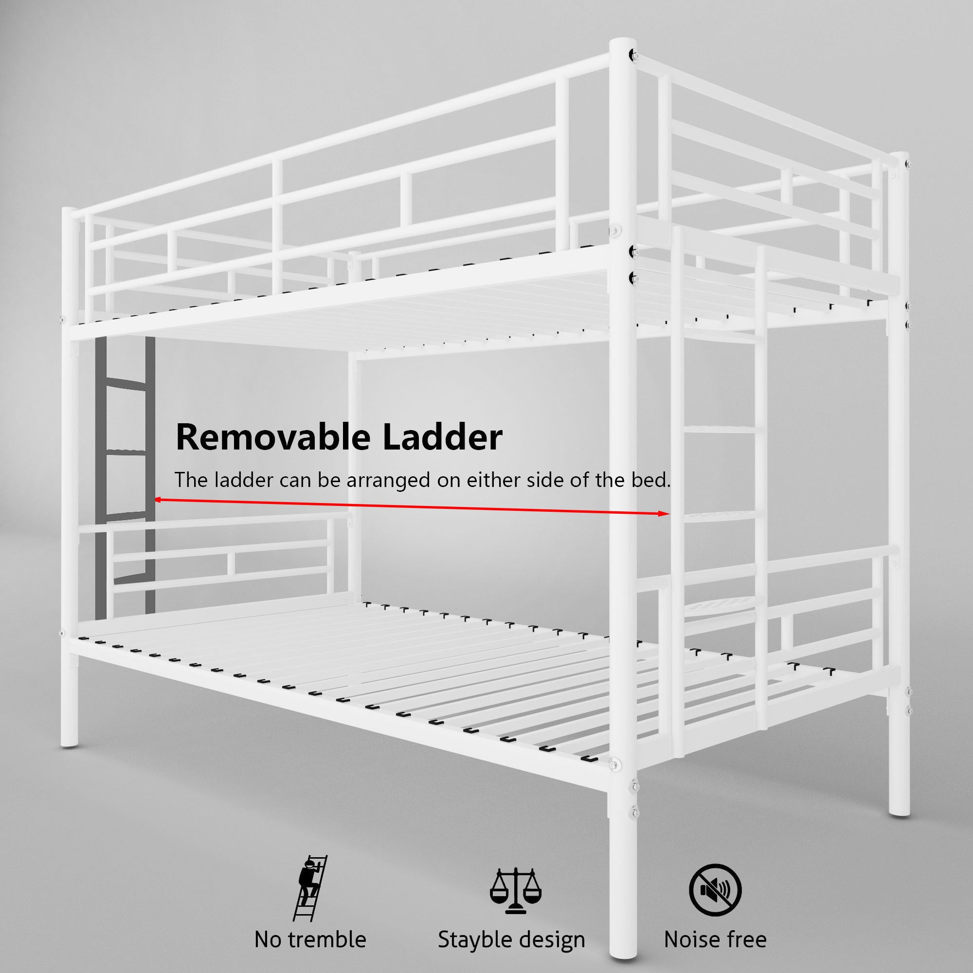 White Twin over Twin Metal Bunk Bed with Removable Ladder, Comfortable Rungs, Easy to assemble
