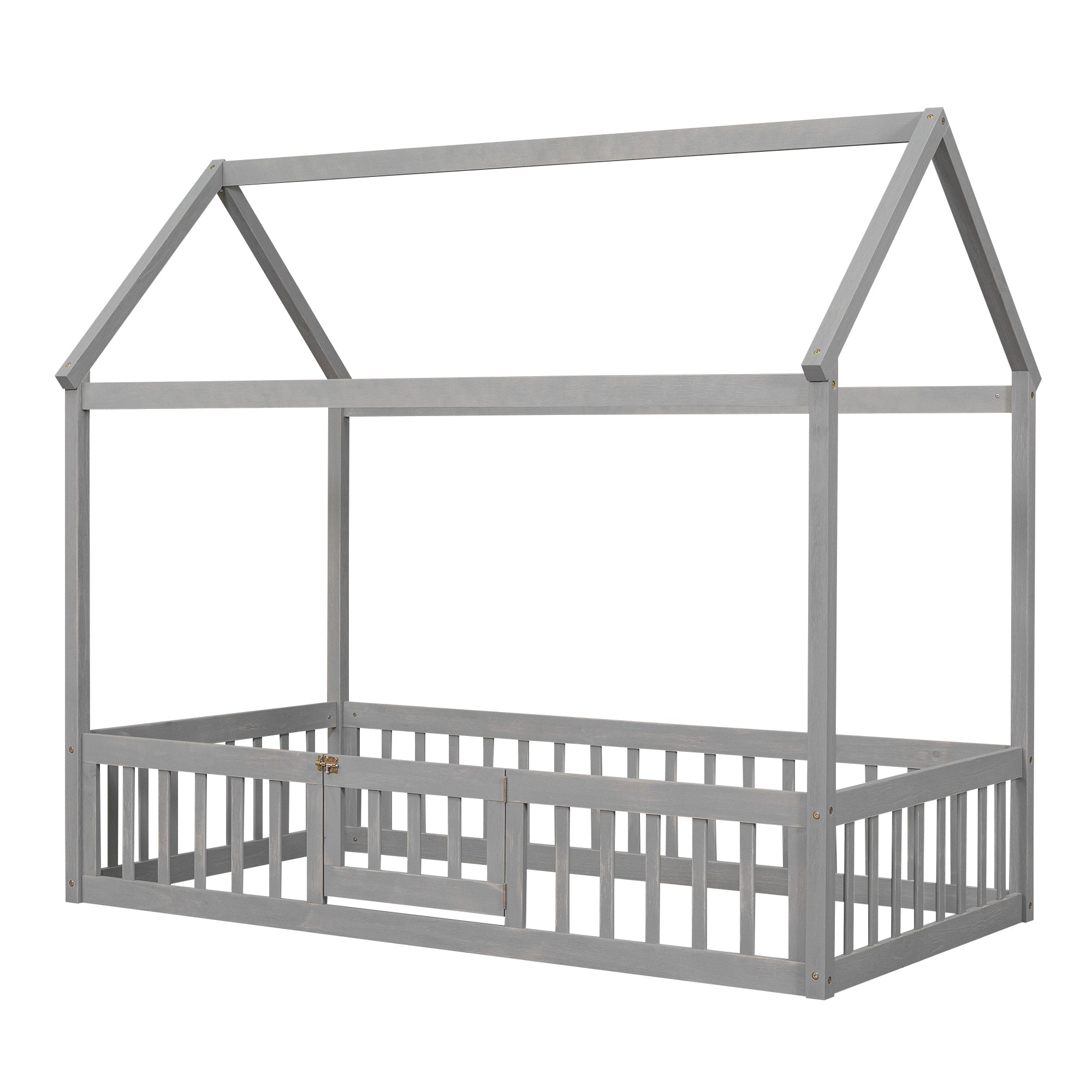 Twin Size Wood House Bed with Fence and Door, Gray Wash