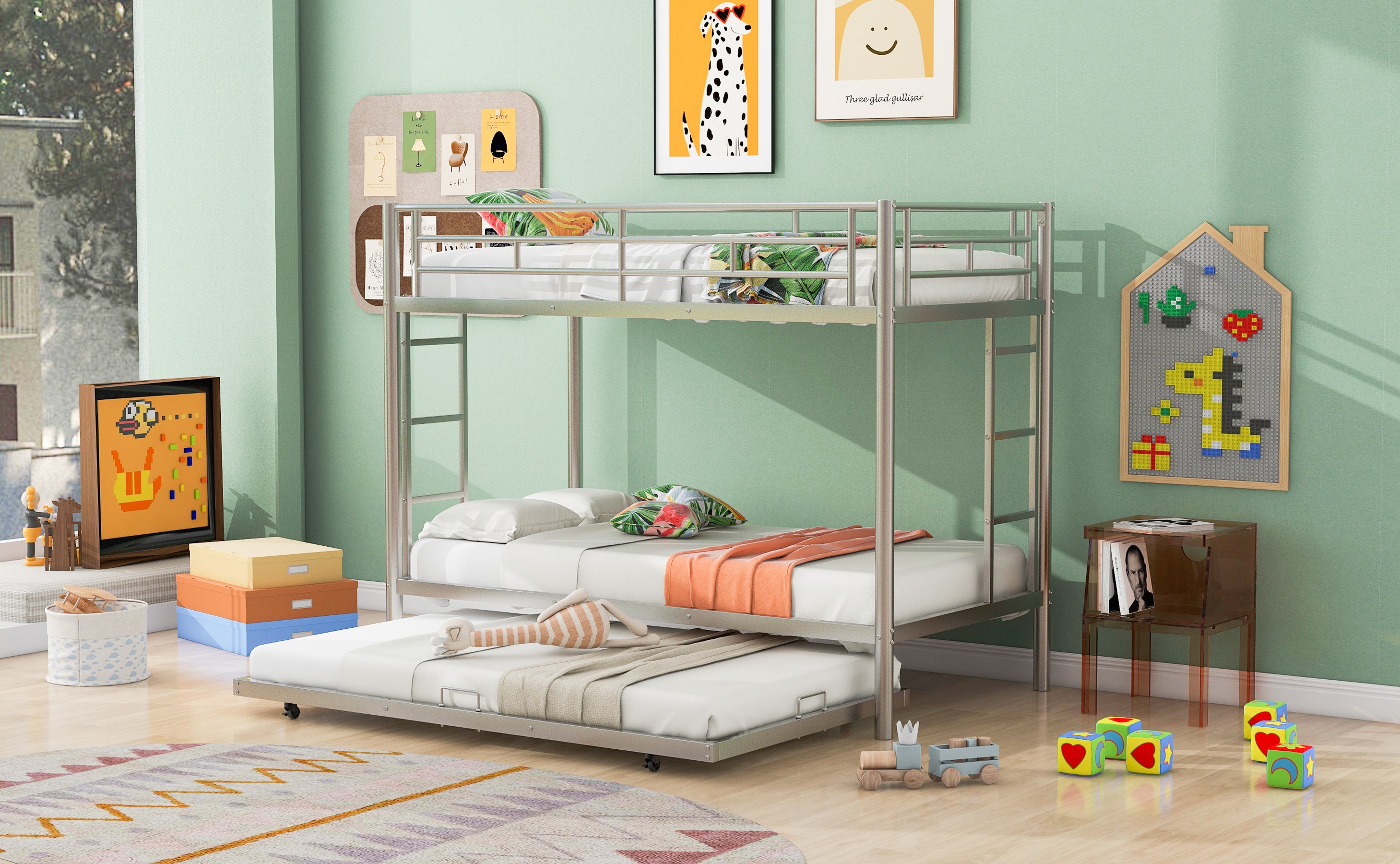 Twin over Twin Bunk Bed with Trundle, Silver