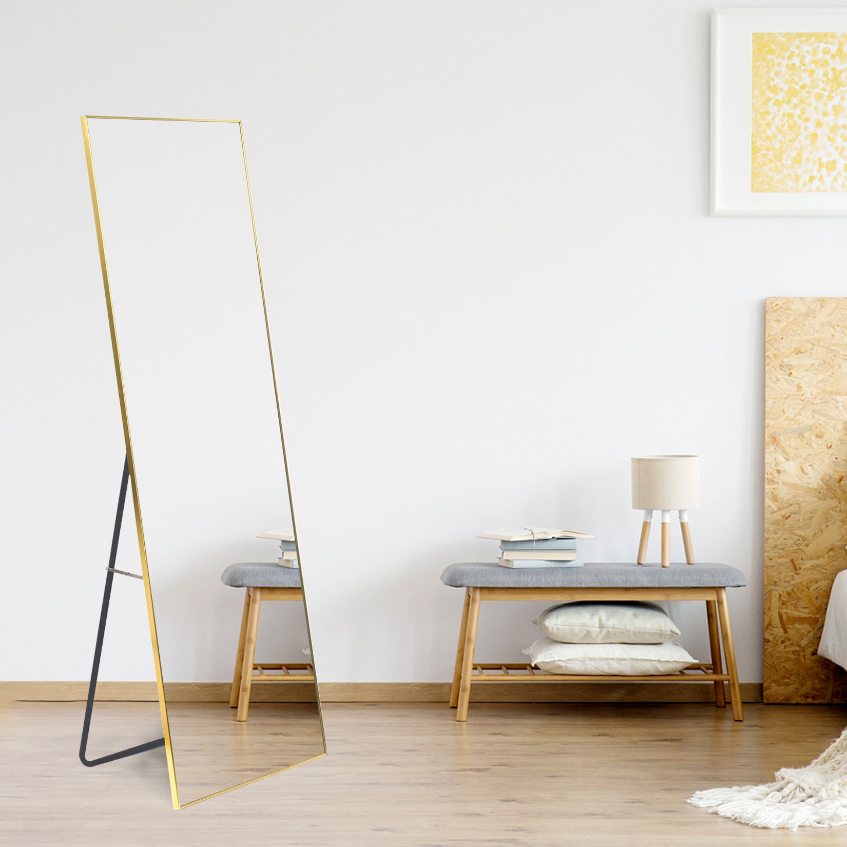 Full Length Mirror, Floor Mirror with Stand,Wall-Mounted Dressing Mirror , Bedroom Mirror with Aluminium Frame 65"x22", Gold
