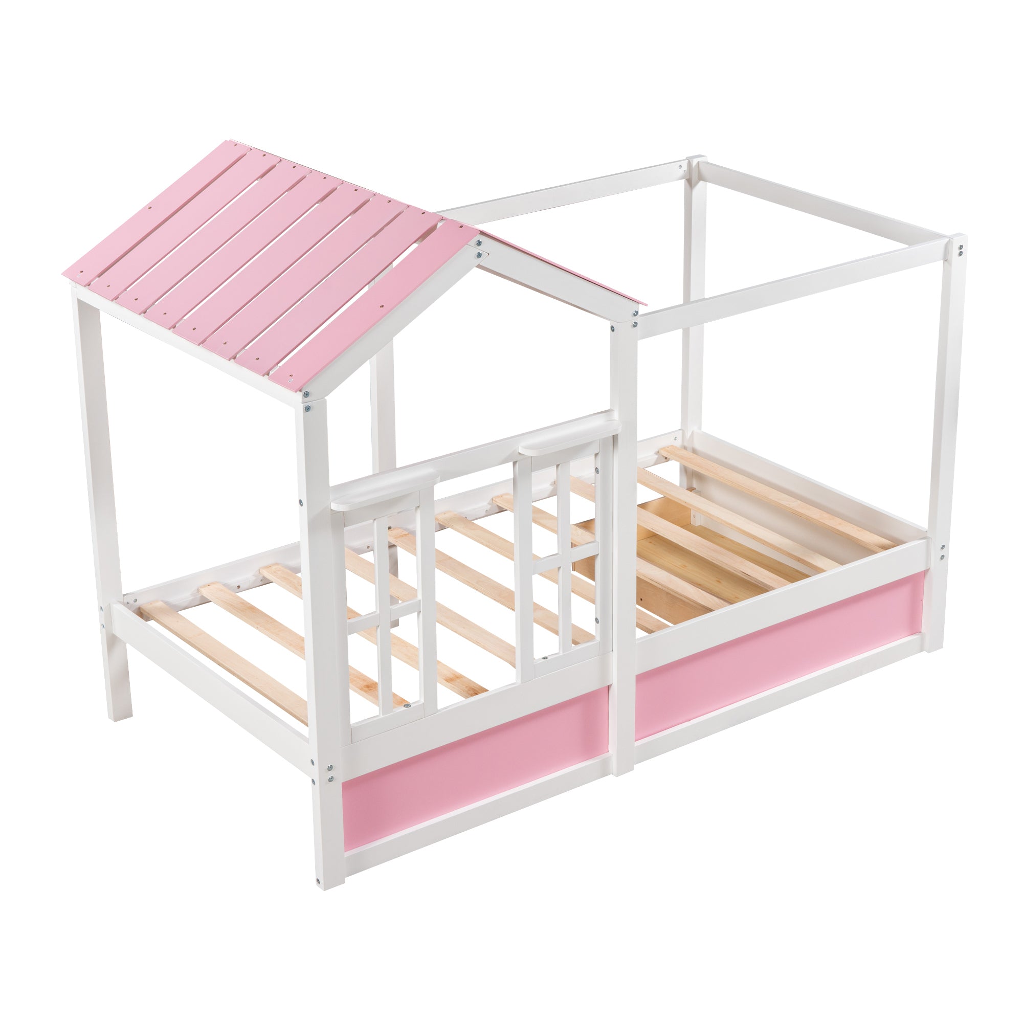 Twin Size House Bed with Roof, Window and Drawer - Pink + White