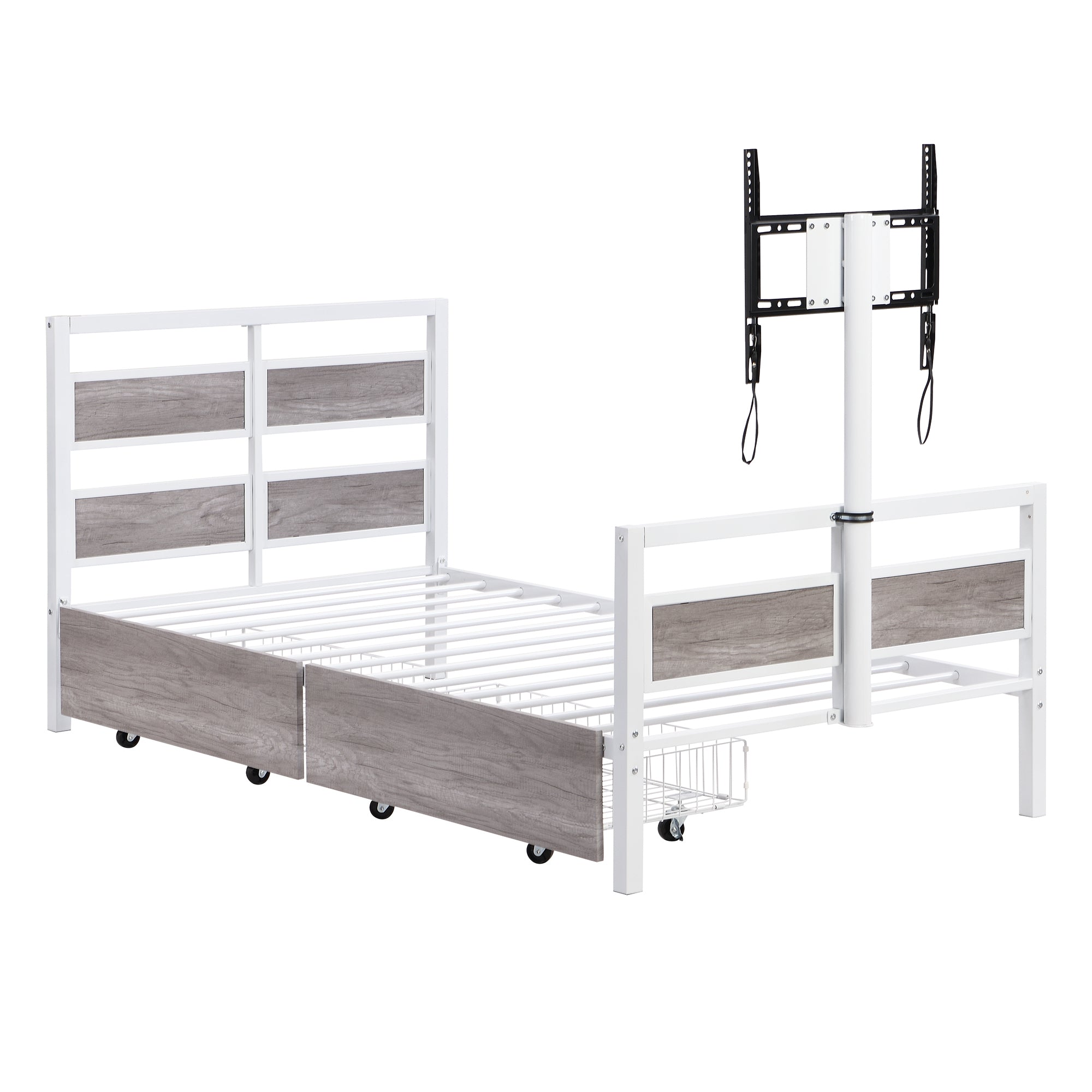 Twin Size Metal Platform Bed with MDF Headboard and Footboard,Two Storage Drawers and Rotatable TV Stand,White