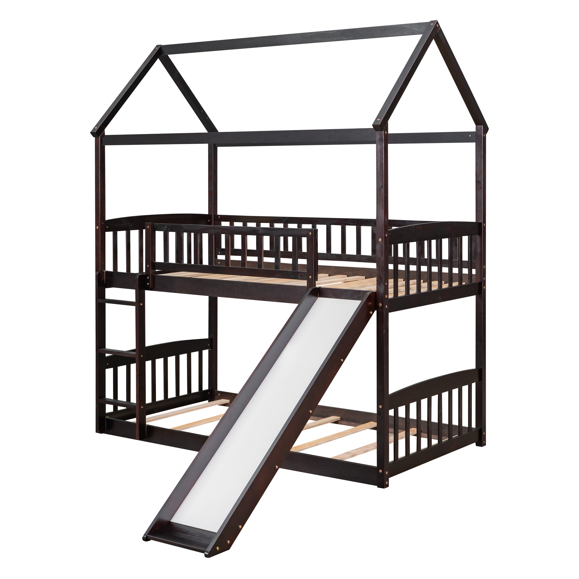 Twin Over Twin Bunk Bed with Slide, House Bed with Slide, Espresso(OLD SKU: LT000213AAP)