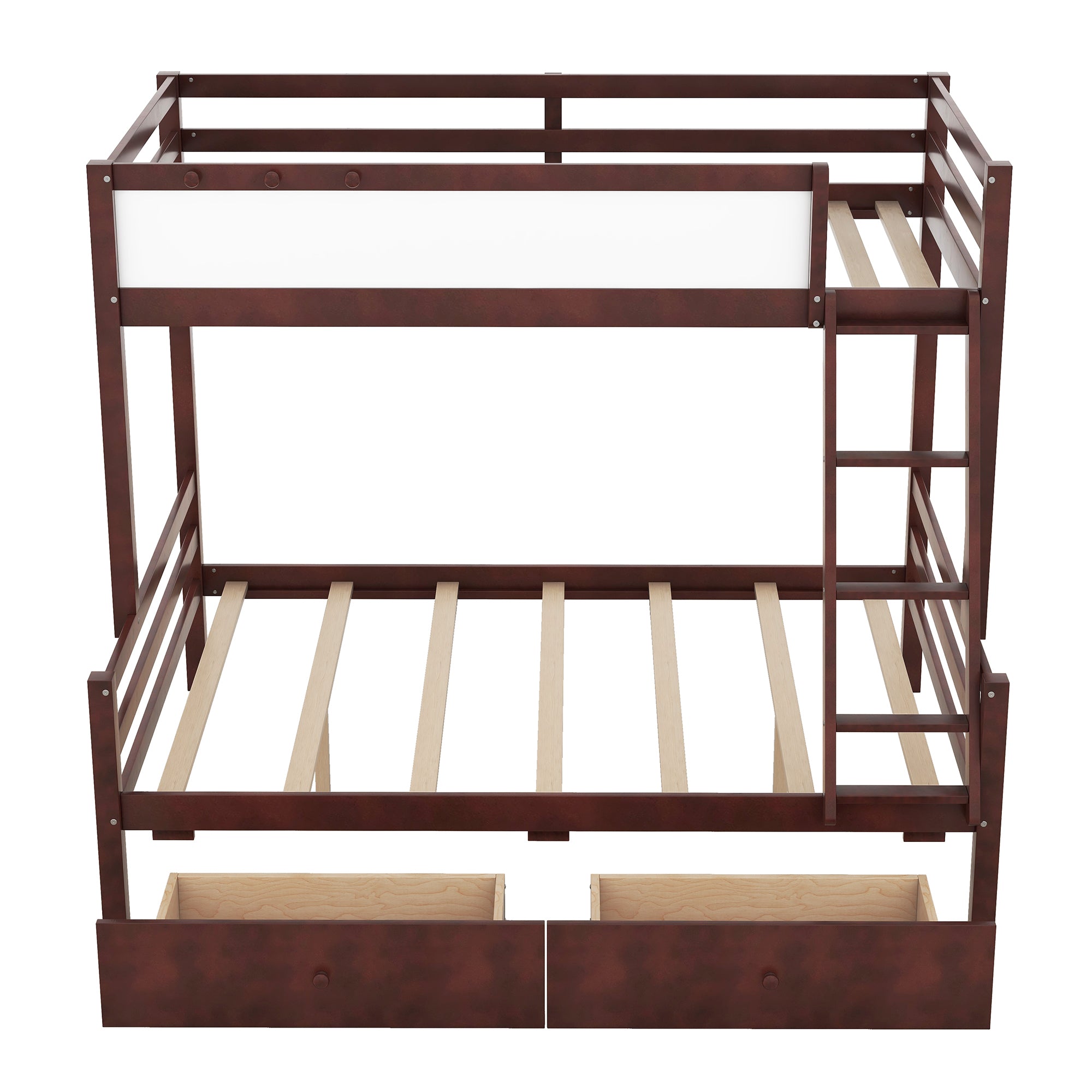 Wood Twin over Full Bunk Bed with Whiteboard, 3 Hooks and 2 Drawers, Espresso