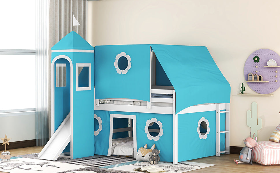 Full Size Bunk Bed with Slide Blue Tent and Tower - Blue